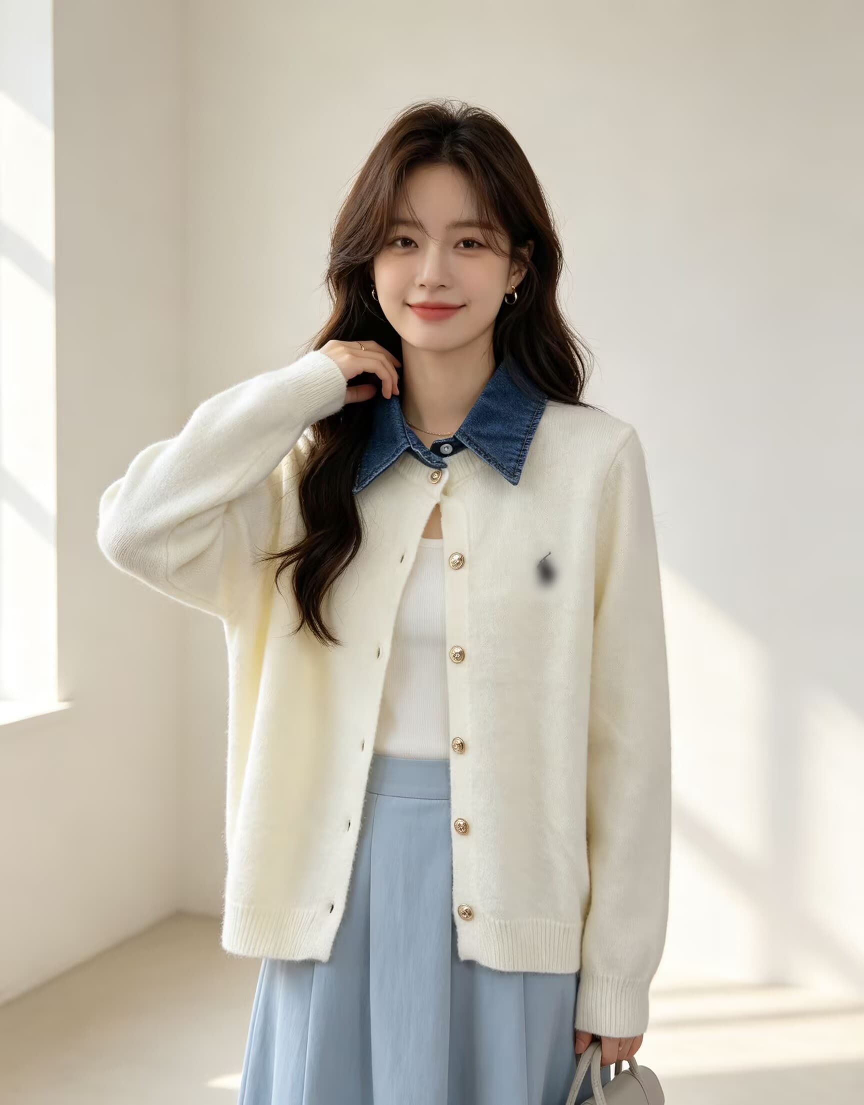 가을 겨울 작은 말 자수 캐주얼 바람 데님 폴로 칼라 페이크 레이어드 니트 스웨터 여성 패션 품격 다용도 긴팔 상세 이미지 3
