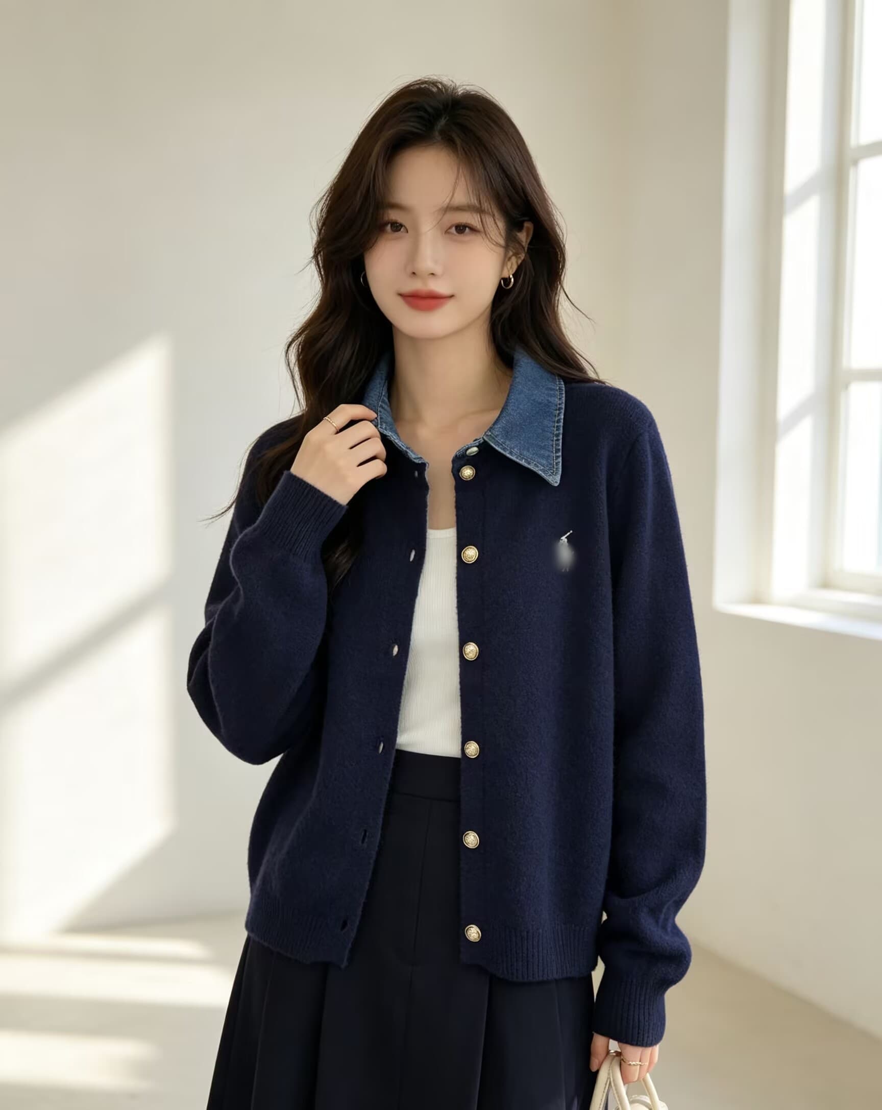 가을 겨울 작은 말 자수 캐주얼 바람 데님 폴로 칼라 페이크 레이어드 니트 스웨터 여성 패션 품격 다용도 긴팔 상세 이미지 5