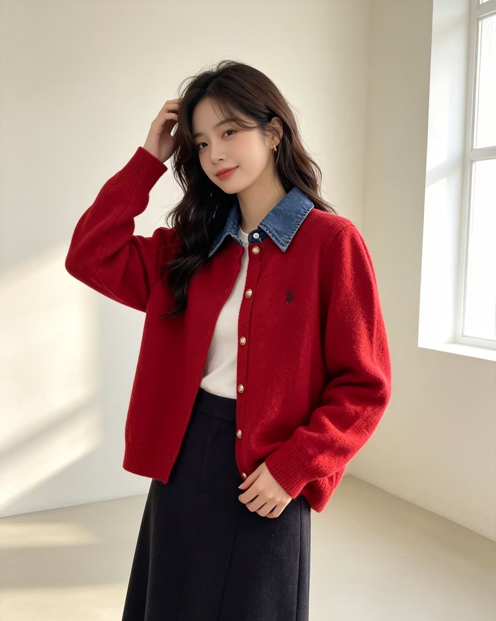 가을 겨울 작은 말 자수 캐주얼 바람 데님 폴로 칼라 페이크 레이어드 니트 스웨터 여성 패션 품격 다용도 긴팔 상세 이미지 8