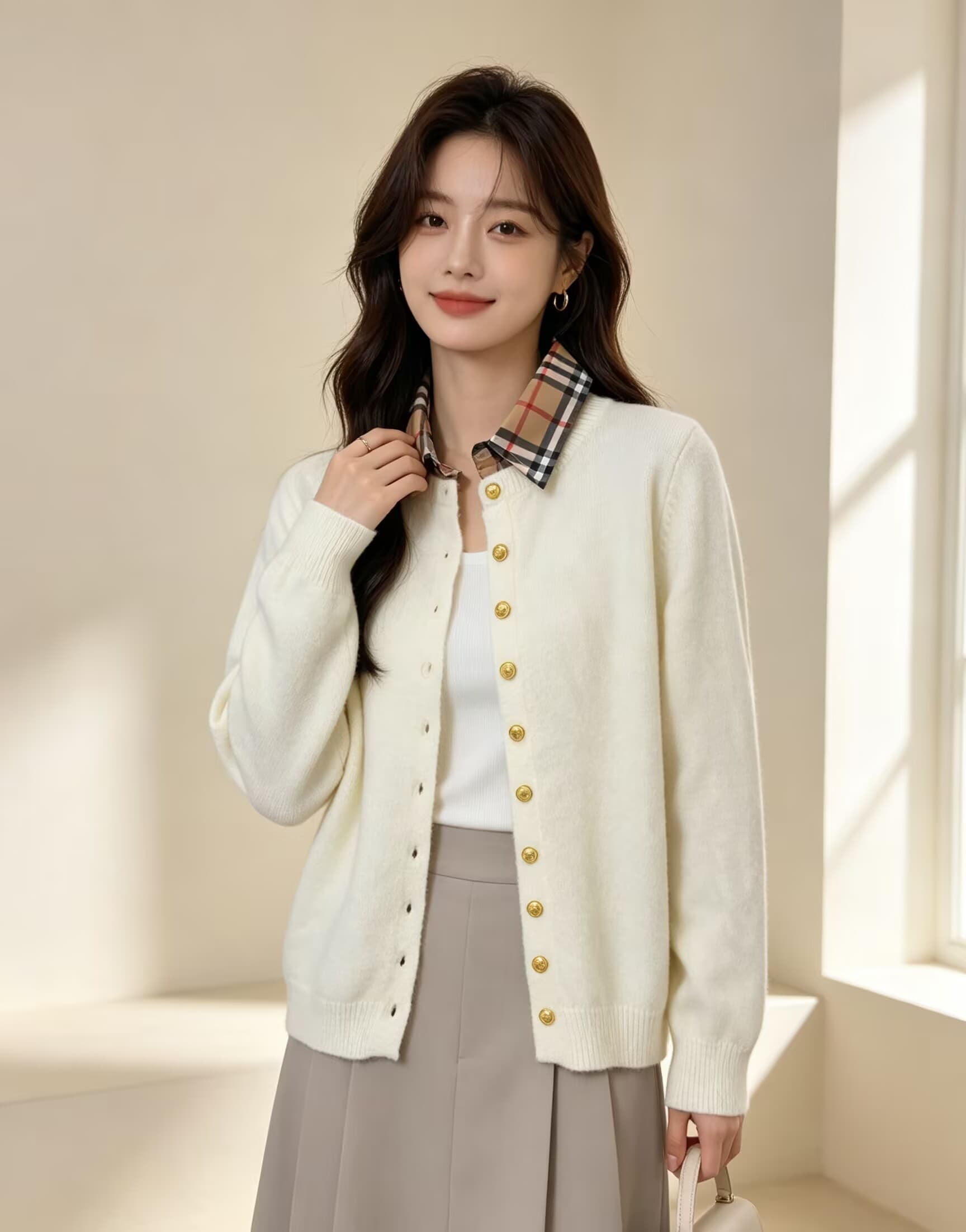 한 부서 체크무늬 칼라 페이크 레이어드 맨위 패치워크 니트 바지를 입는 셔츠 외국 가스 가을 새로운 여성 패션 Chic