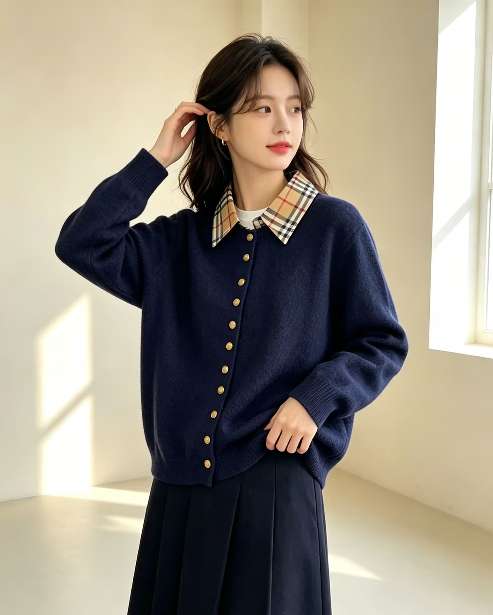 한 부서 체크무늬 칼라 페이크 레이어드 맨위 패치워크 니트 바지를 입는 셔츠 외국 가스 가을 새로운 여성 패션 Chic 이미지 3