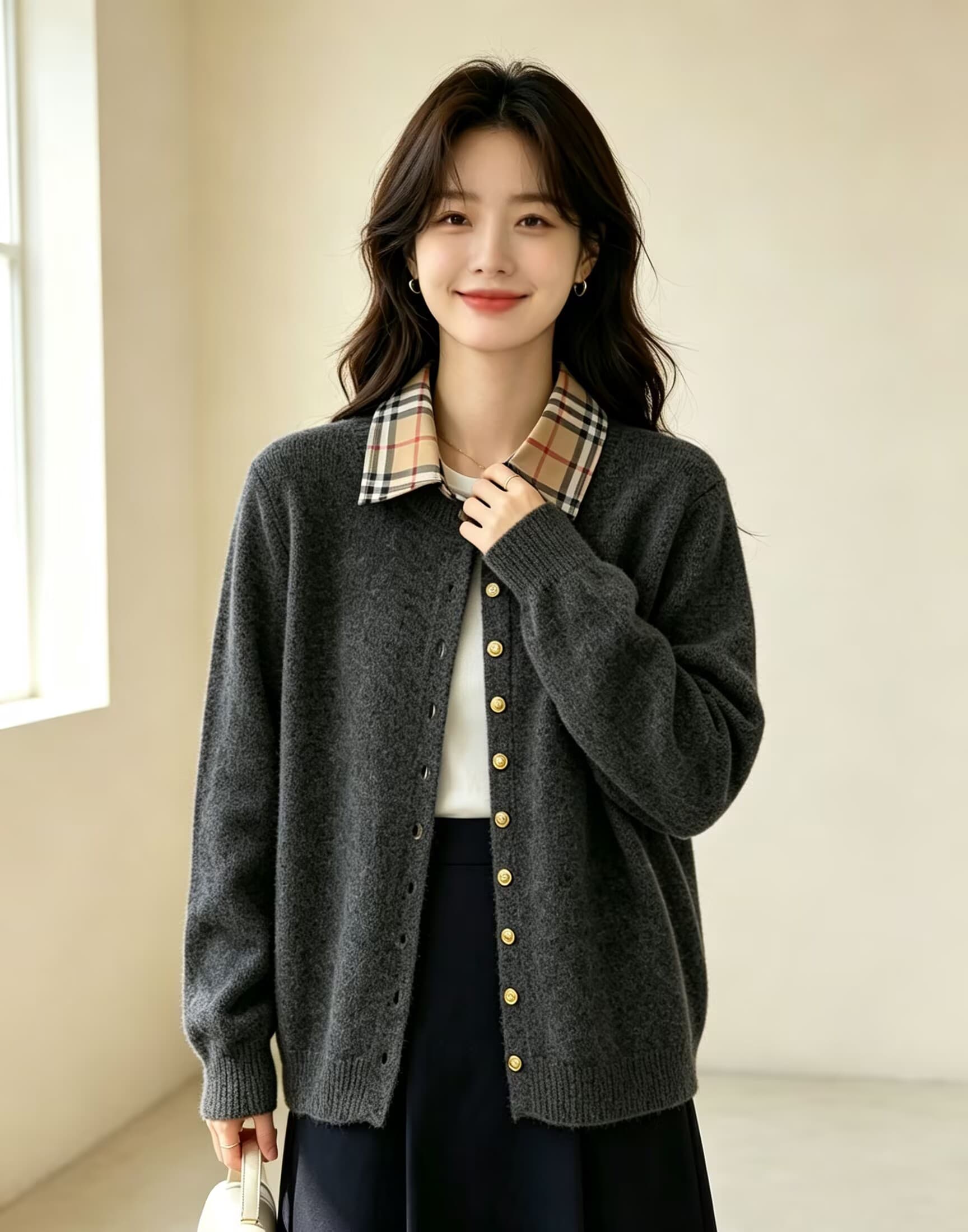 한 부서 체크무늬 칼라 페이크 레이어드 맨위 패치워크 니트 바지를 입는 셔츠 외국 가스 가을 새로운 여성 패션 Chic 상세 이미지 1