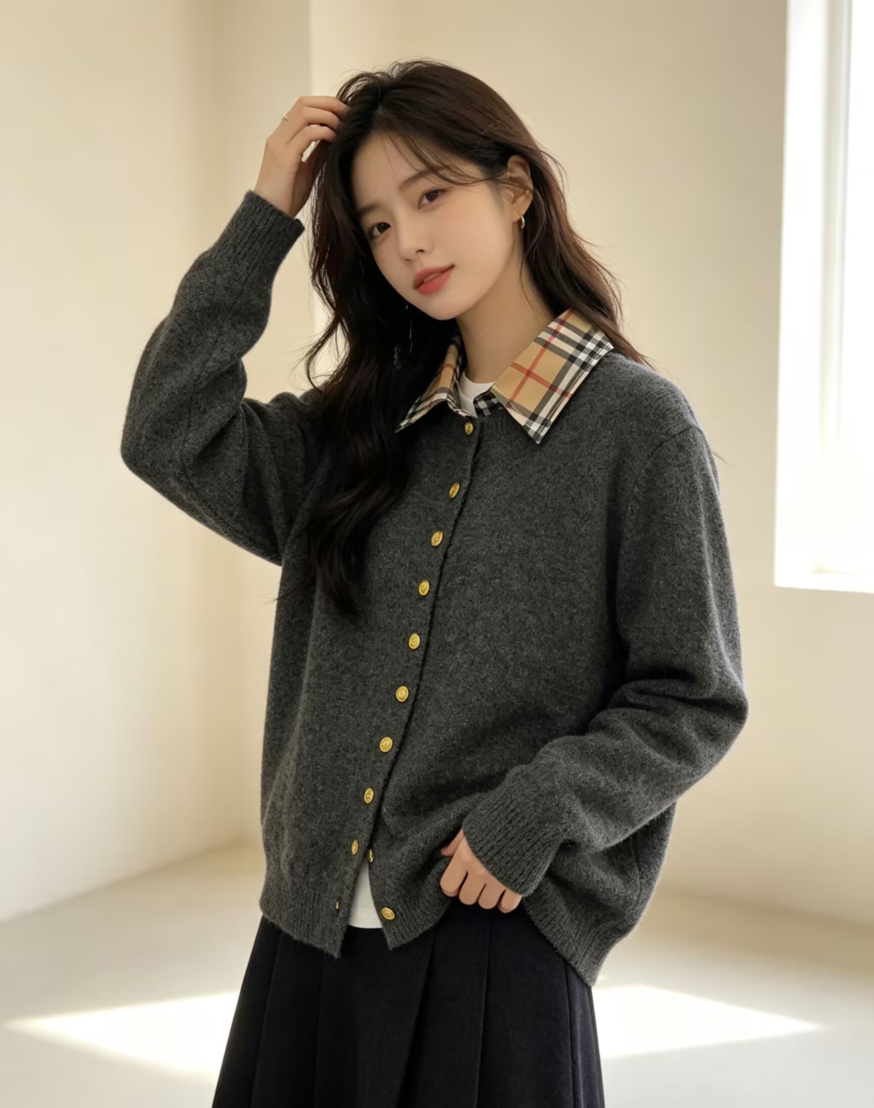 한 부서 체크무늬 칼라 페이크 레이어드 맨위 패치워크 니트 바지를 입는 셔츠 외국 가스 가을 새로운 여성 패션 Chic 상세 이미지 2