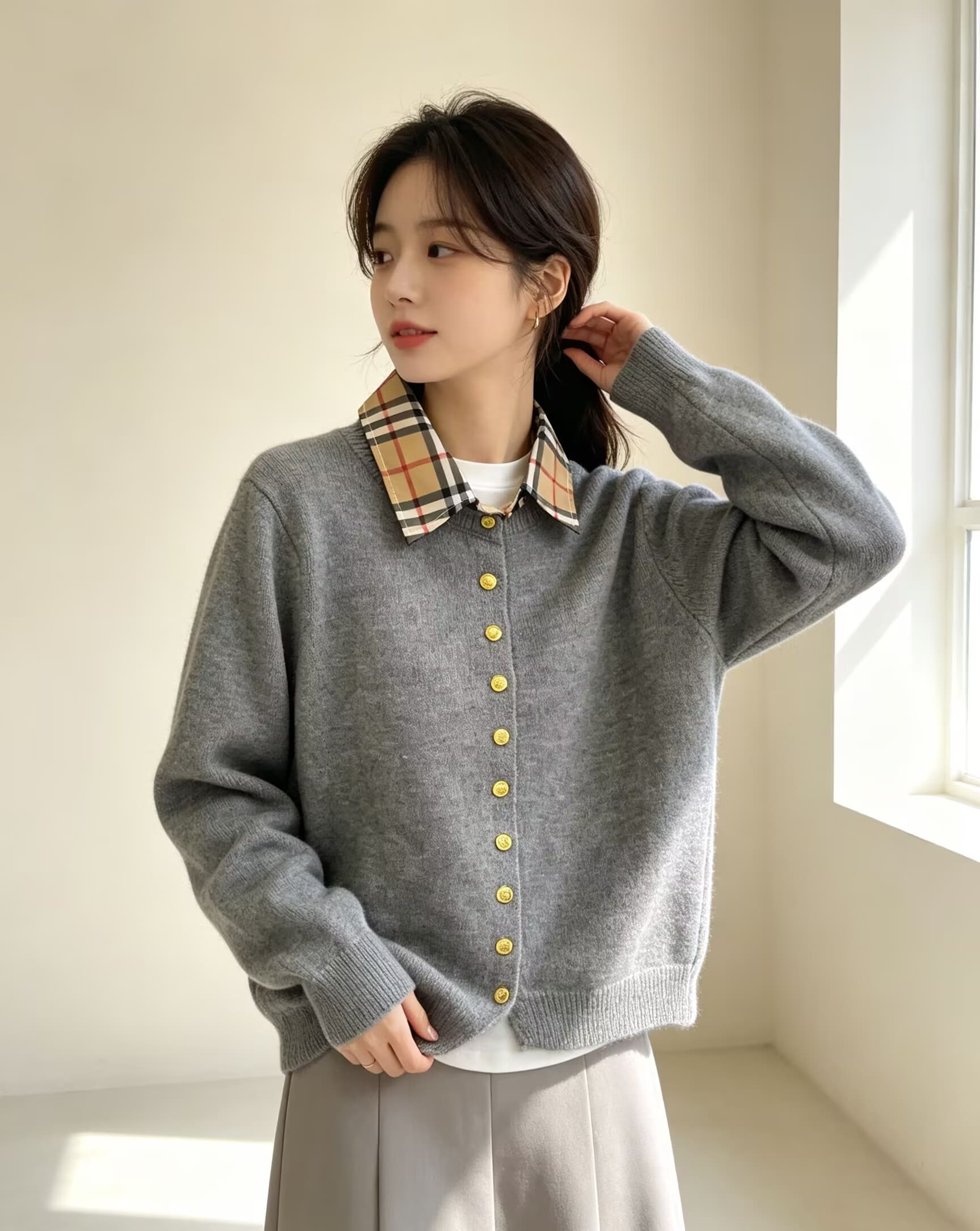 한 부서 체크무늬 칼라 페이크 레이어드 맨위 패치워크 니트 바지를 입는 셔츠 외국 가스 가을 새로운 여성 패션 Chic 상세 이미지 9