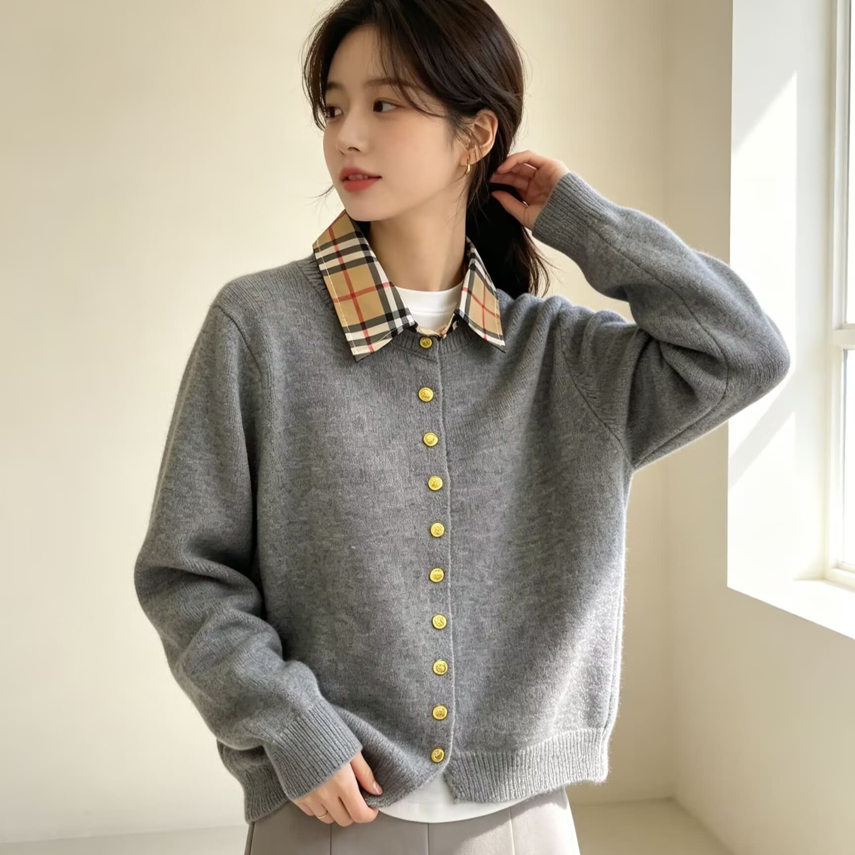 한 부서 체크무늬 칼라 페이크 레이어드 맨위 패치워크 니트 바지를 입는 셔츠 외국 가스 가을 새로운 여성 패션 Chic 이미지 5