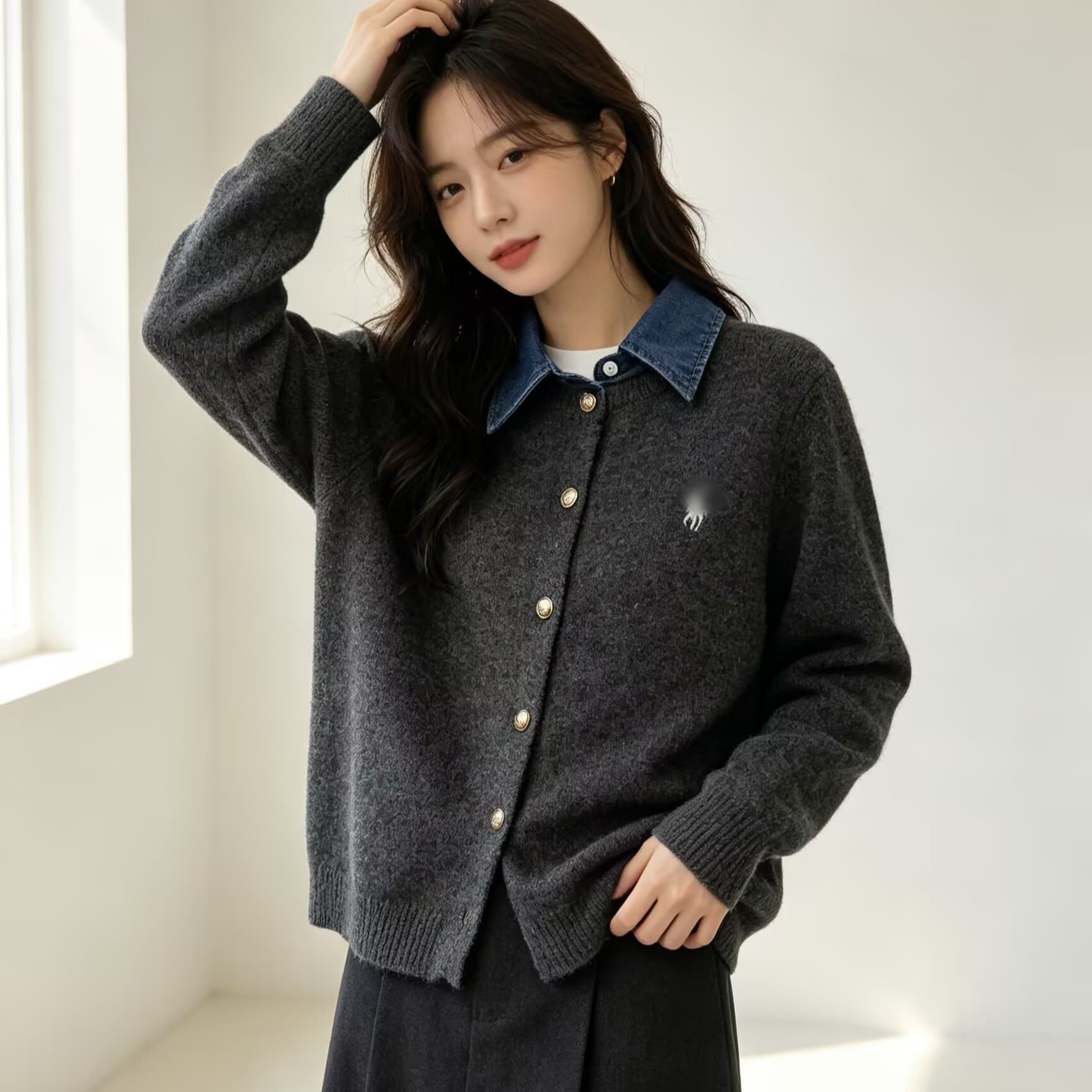 가을 겨울 작은 말 자수 캐주얼 바람 데님 폴로 칼라 페이크 레이어드 니트 스웨터 여성 패션 품격 다용도 긴팔