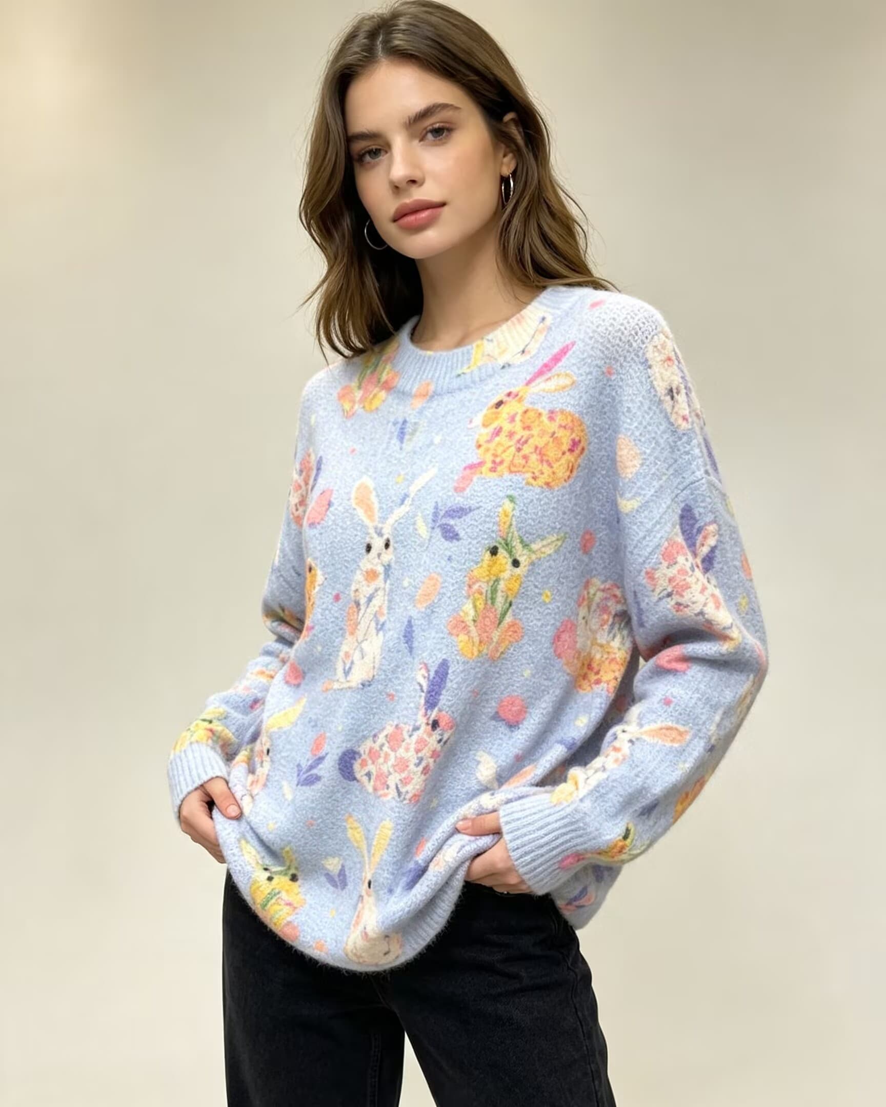 패션 아름다운 고급 센스 프린트 스웨터 여성 겨울 루즈핏 느긋한 바람 니트 맨위 상세 이미지 4