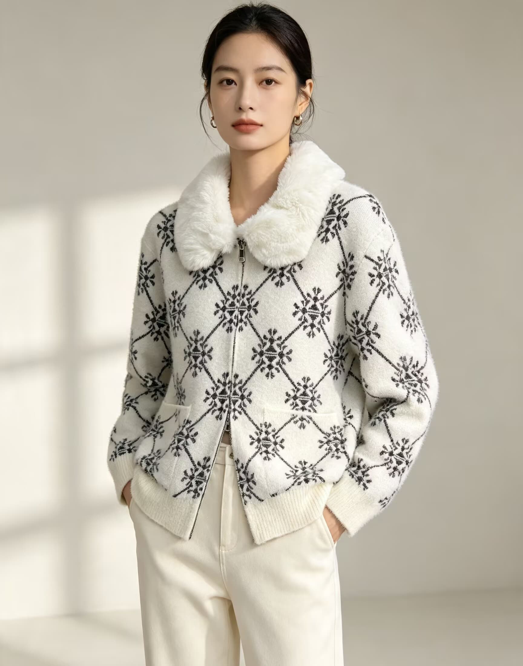 플리스 칼라 패치워크 밍크 플리스 오픈 가디건 여성 짧은 외투 명문 여성 바람 가을 겨울 새로운 한국 스타일 지퍼 섹션 스웨터 코트 상세 이미지 5