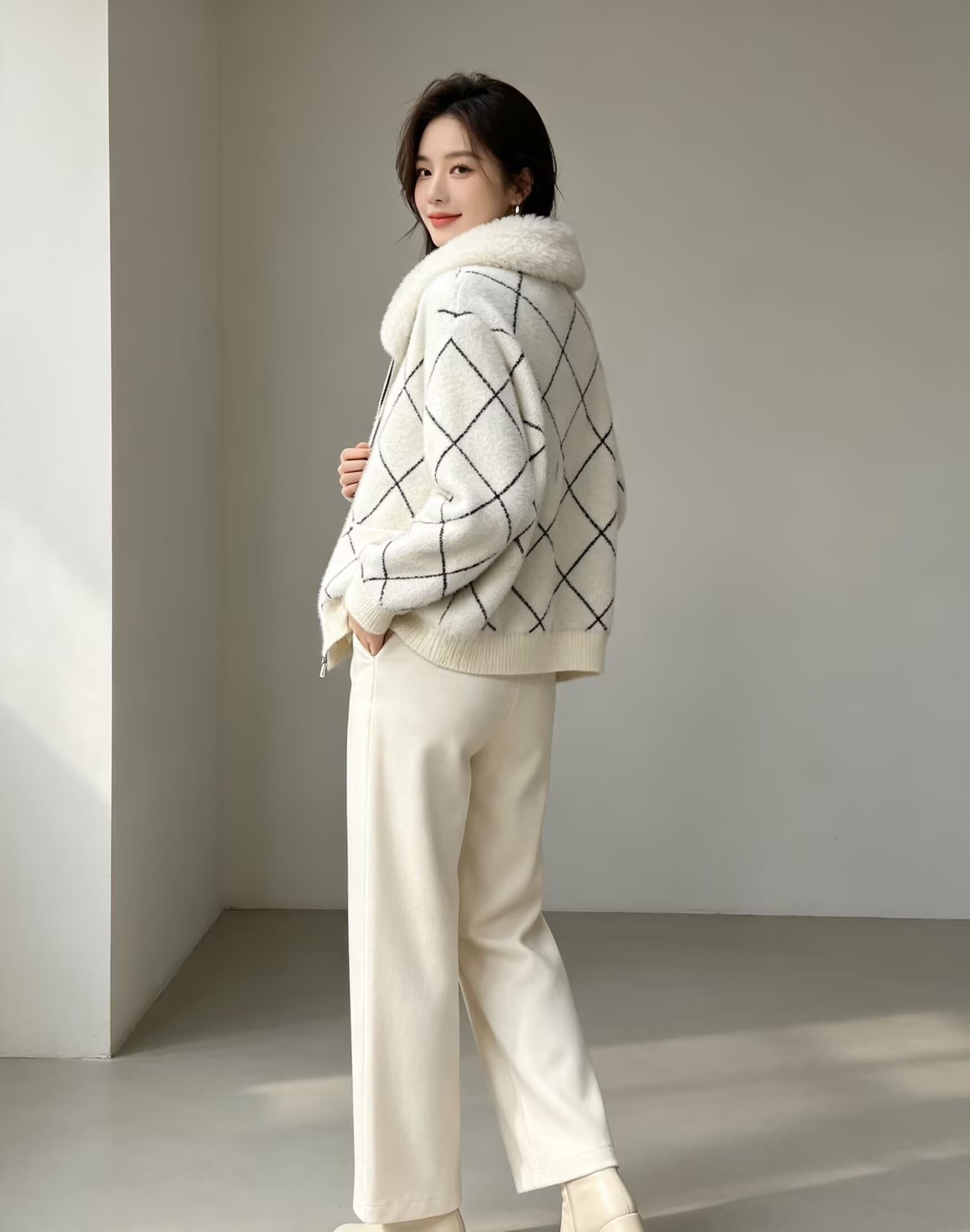 모방 밍크 플리스 모피 칼라 체크무늬 재킷 여성 짧은 가을 겨울 새로운 고급 센스 루즈핏 명문 여성 니트 스웨터 오픈 가디건 두꺼움 상세 이미지 4