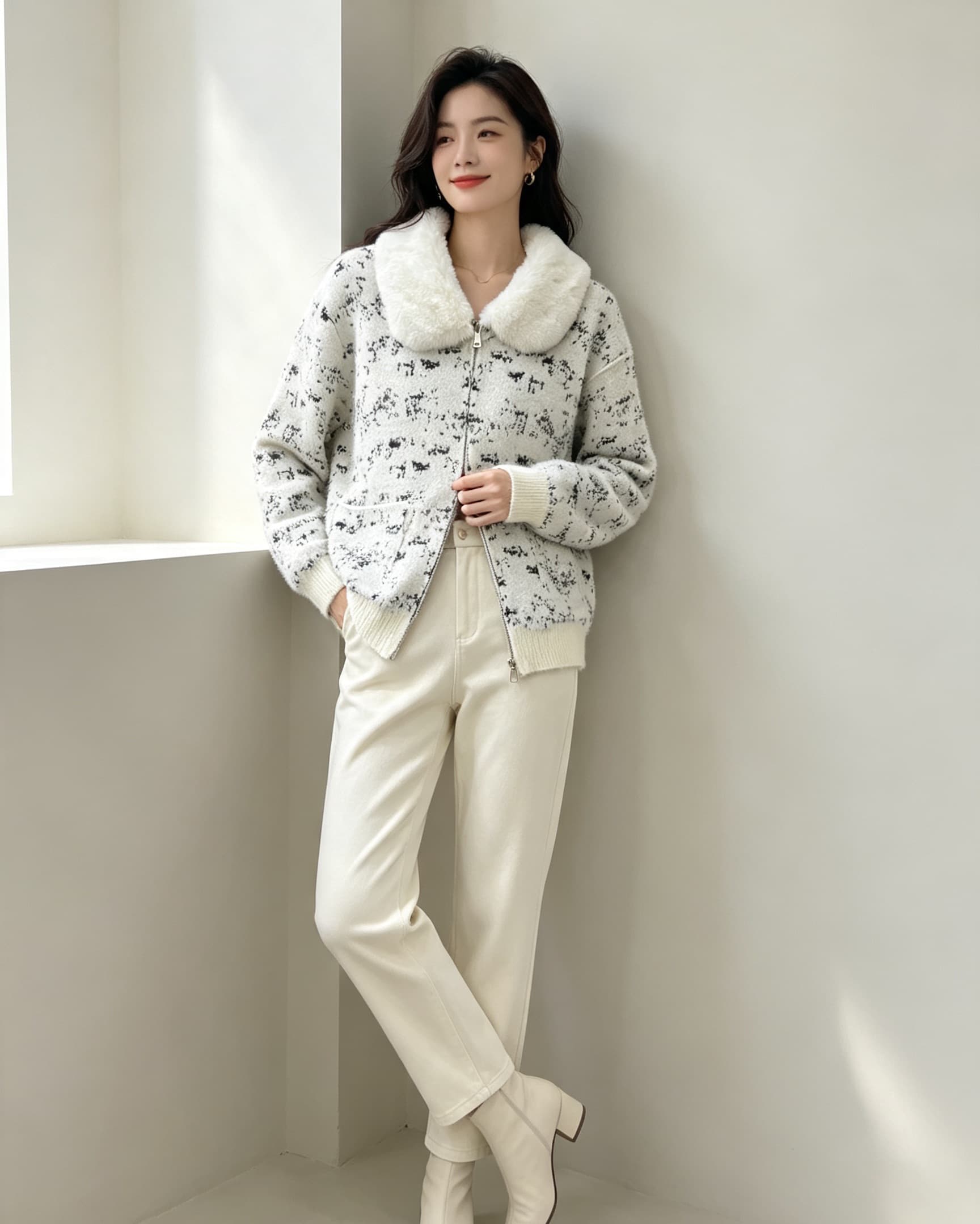 모방 밍크 플리스 모피 칼라 지퍼 재킷 여성 짧은 가을 겨울 새로운 고급 센스 루즈핏 명문 여성 니트 스웨터 오픈 가디건 이미지 2
