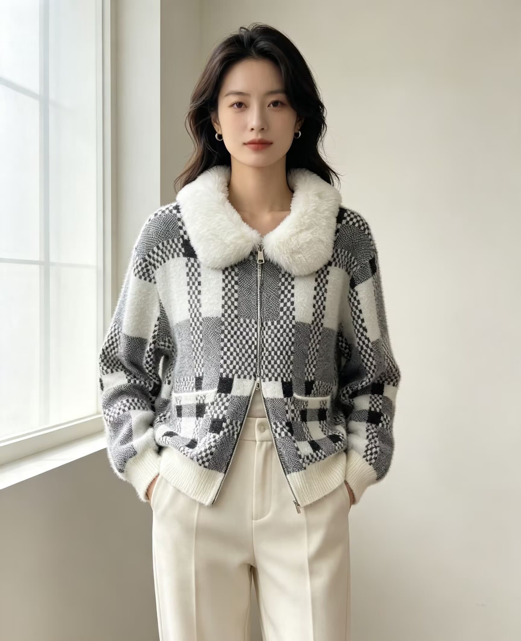한 부서 작은 샤넬 스타일 쇼트 스타일 패치워크 색상 재킷 여성 의류 가을 겨울철 폭발 모피 칼라 맨위 외국 가스 국방 밍크 울 오픈 가디건 트렌디 상세 이미지 5
