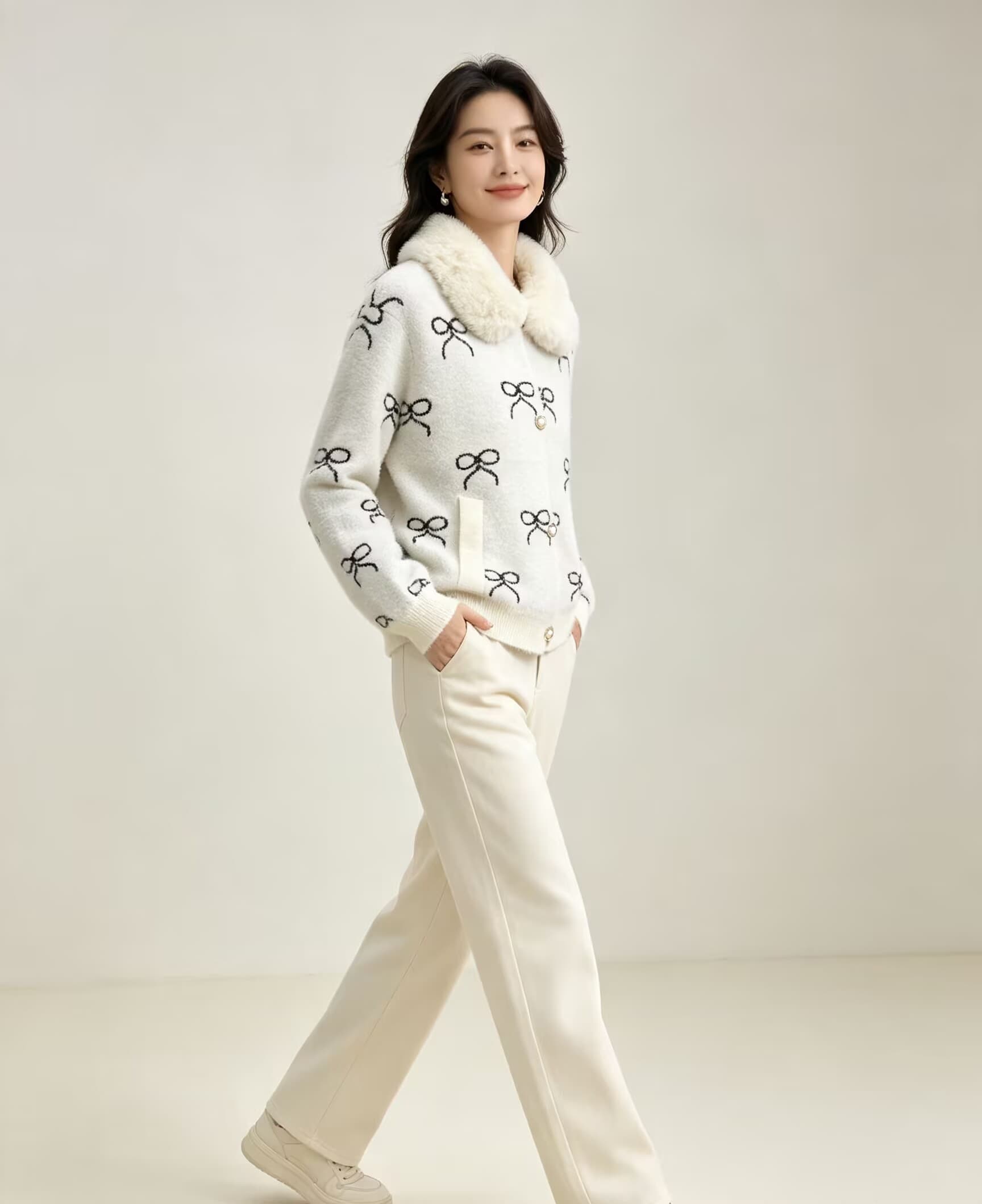 모방 밍크 플리스 모피 칼라 지퍼 재킷 여성 짧은 가을 겨울 새로운 고급 센스 루즈핏 명문 여성 두꺼움 니트 스웨터 오픈 가디건 상세 이미지 3