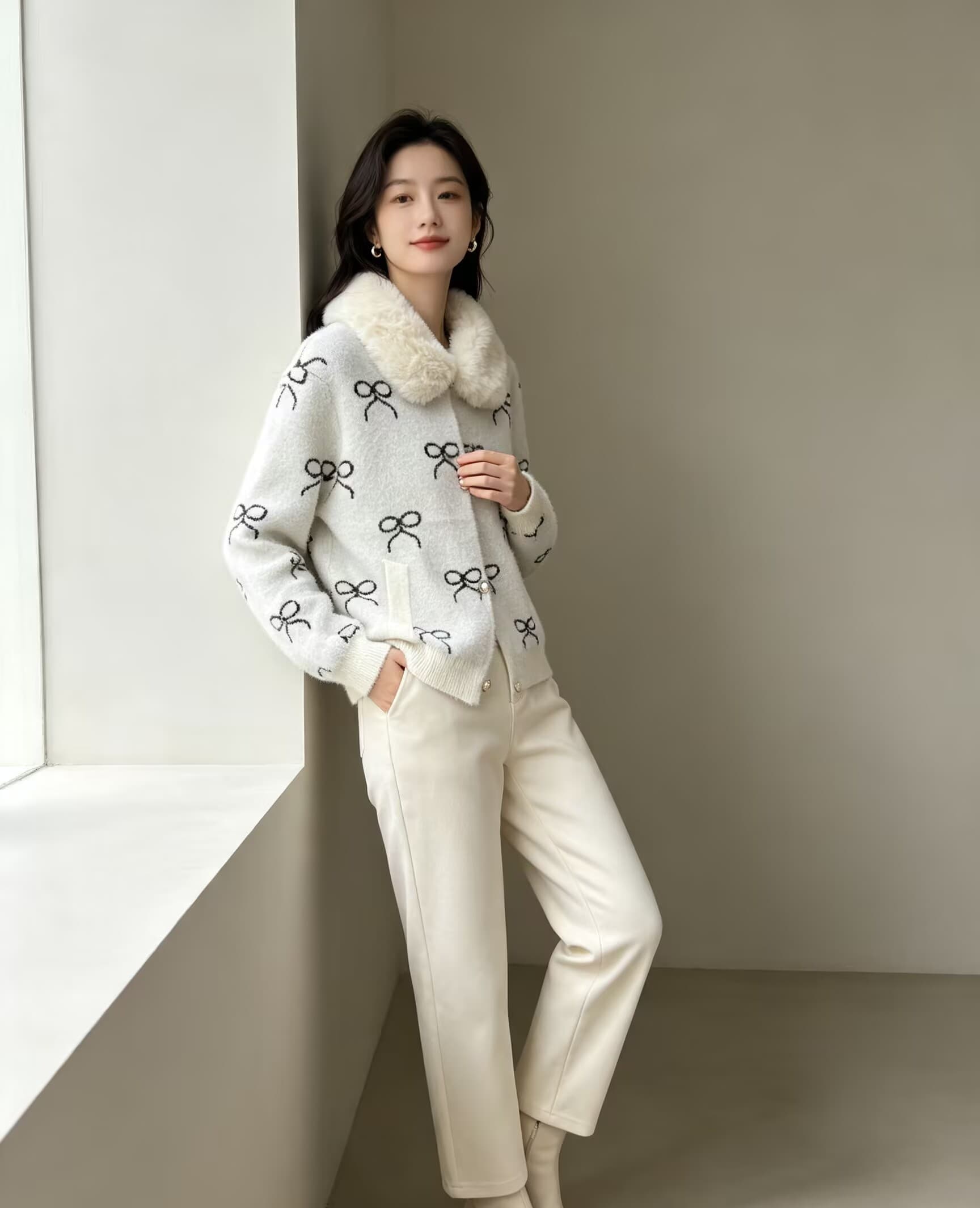 모방 밍크 플리스 모피 칼라 지퍼 재킷 여성 짧은 가을 겨울 새로운 고급 센스 루즈핏 명문 여성 두꺼움 니트 스웨터 오픈 가디건 상세 이미지 4