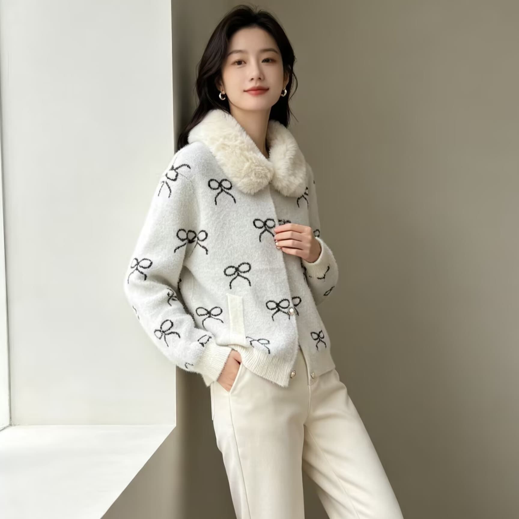 모방 밍크 플리스 모피 칼라 지퍼 재킷 여성 짧은 가을 겨울 새로운 고급 센스 루즈핏 명문 여성 두꺼움 니트 스웨터 오픈 가디건 이미지 2