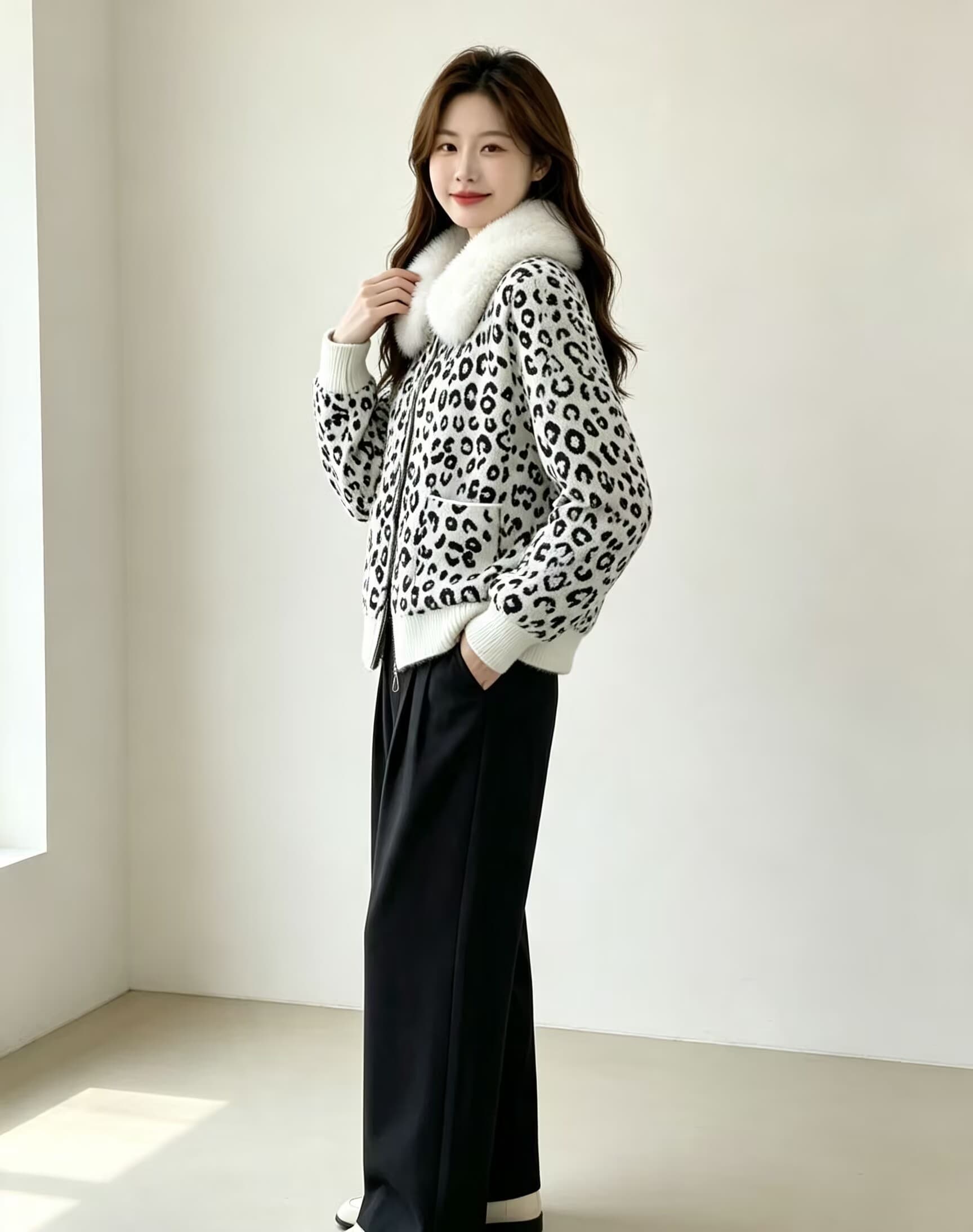 모방 수달 가을 겨울 새로운 긴팔 자카드 오픈 가디건 모피 칼라 보온 스웨터 코트 상세 이미지 2