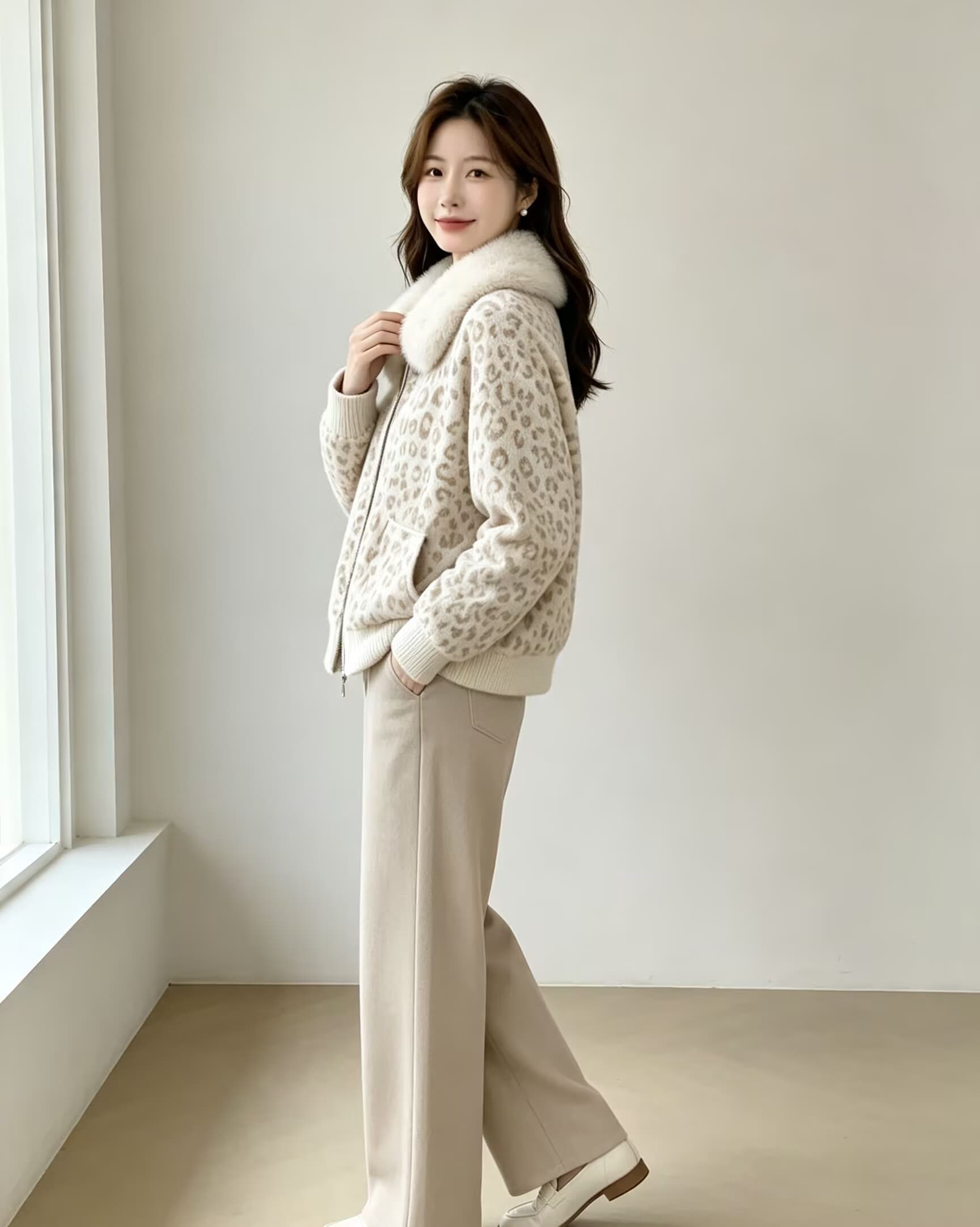 모방 수달 가을 겨울 새로운 긴팔 자카드 오픈 가디건 모피 칼라 보온 스웨터 코트 상세 이미지 6