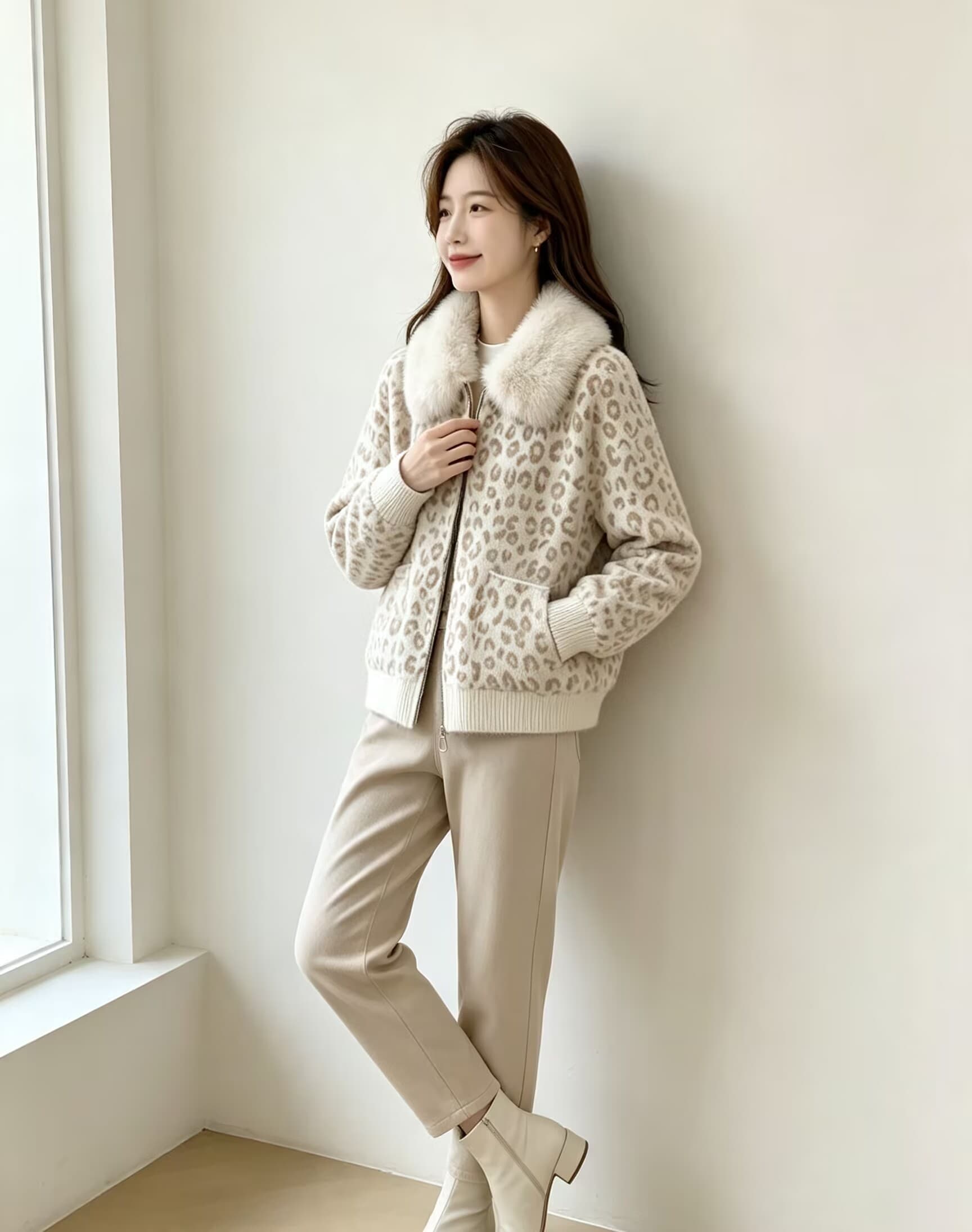 모방 수달 가을 겨울 새로운 긴팔 자카드 오픈 가디건 모피 칼라 보온 스웨터 코트 상세 이미지 8