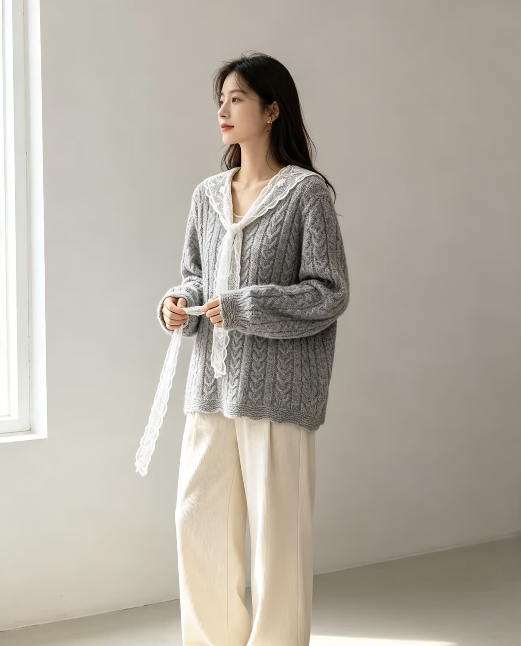 한국 동대문 구매 가을 의상 새로운 여성 의류 패치워크 레이스 페이크 레이어드 몸매 가꾸기 니트 스웨터 상세 이미지 5