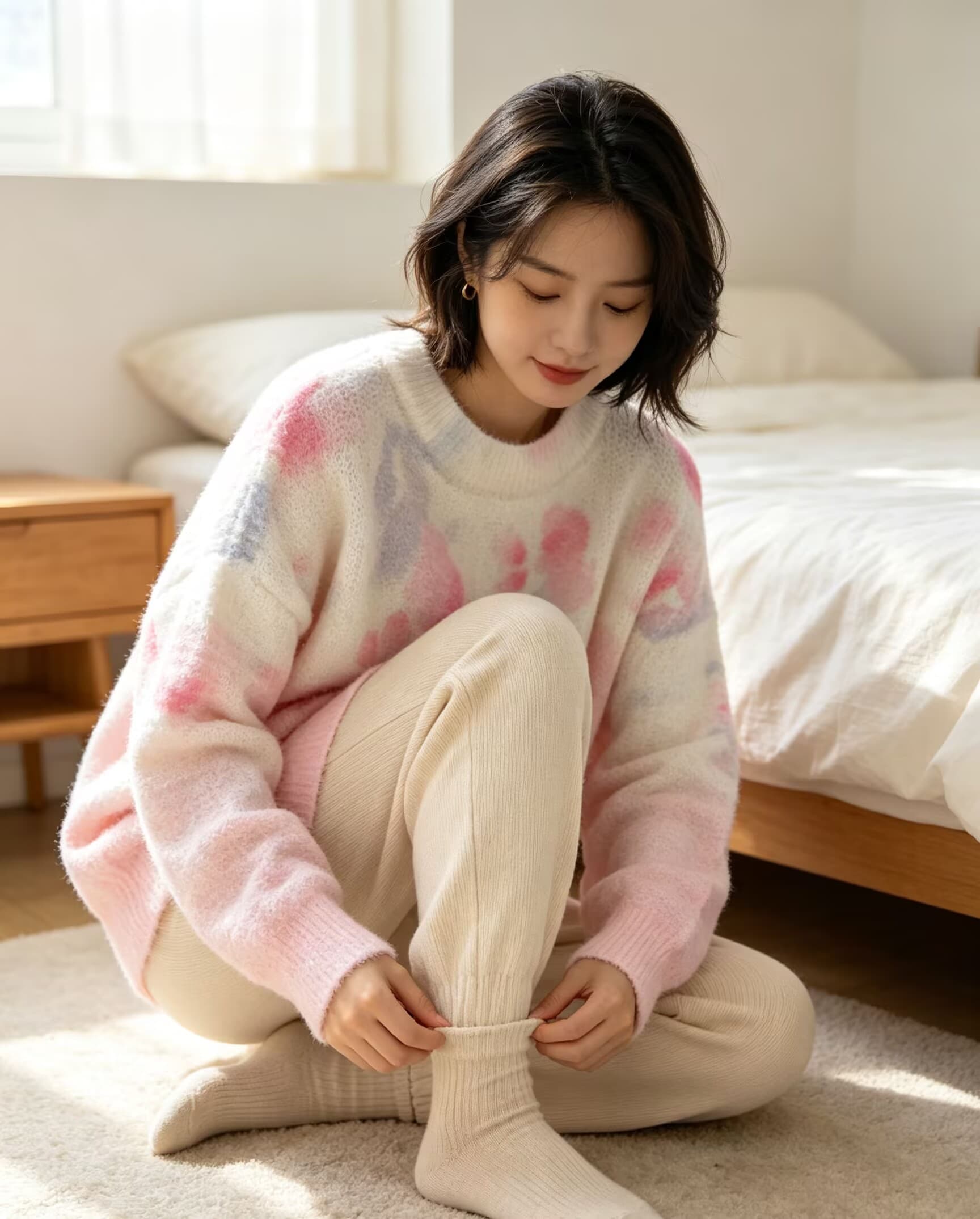 부드러운 찹쌀 그라데이션 프린트 모헤어 풀오버 수 있습니다. 소금 수 있습니다. 달콤한 루즈핏 캐주얼 니트 스웨터 스웨터 이미지 2