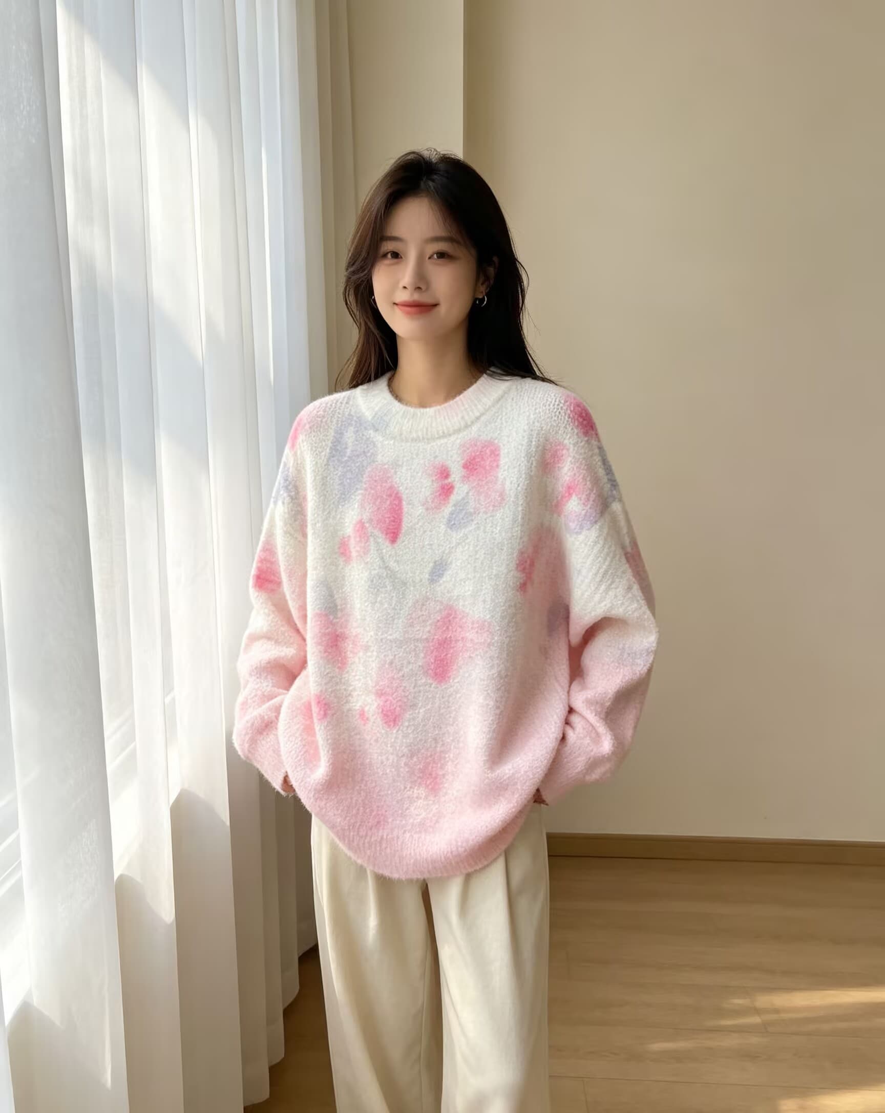 부드러운 찹쌀 그라데이션 프린트 모헤어 풀오버 수 있습니다. 소금 수 있습니다. 달콤한 루즈핏 캐주얼 니트 스웨터 스웨터 상세 이미지 8