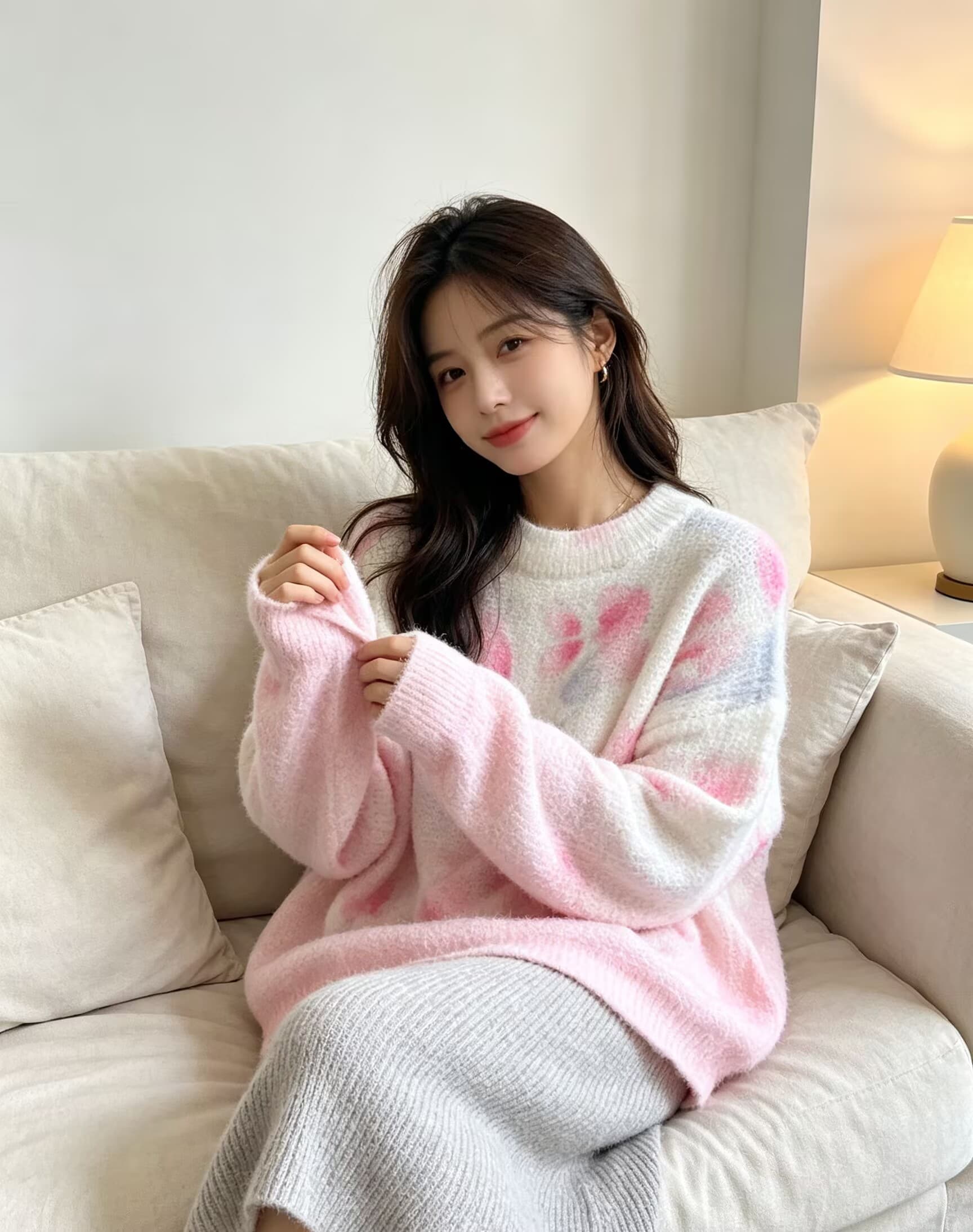 부드러운 찹쌀 그라데이션 프린트 모헤어 풀오버 수 있습니다. 소금 수 있습니다. 달콤한 루즈핏 캐주얼 니트 스웨터 스웨터 상세 이미지 9
