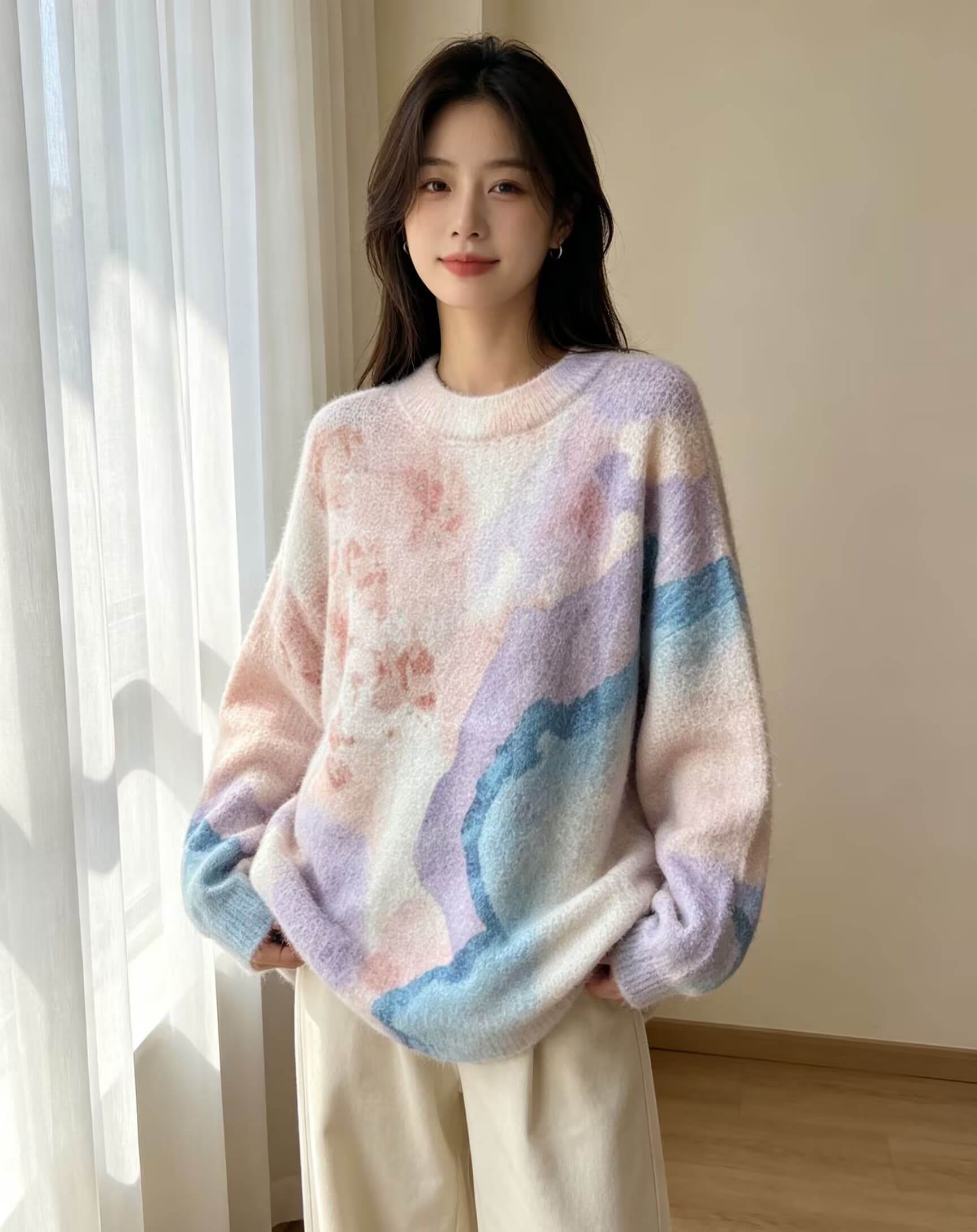 부드러운 찹쌀 그라데이션 프린트 모헤어 풀오버 수 있습니다. 소금 수 있습니다. 달콤한 루즈핏 캐주얼 니트 스웨터 스웨터
