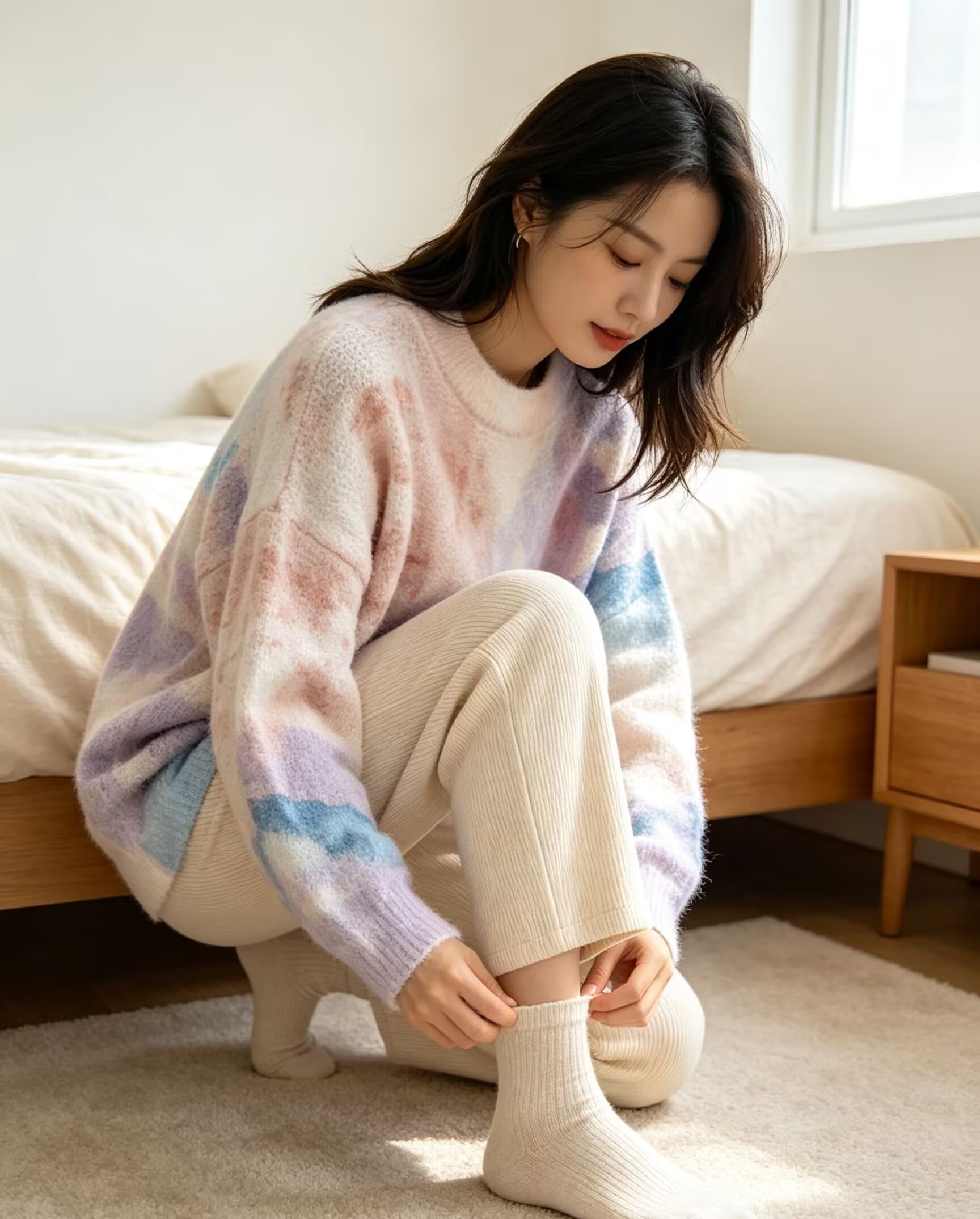 부드러운 찹쌀 그라데이션 프린트 모헤어 풀오버 수 있습니다. 소금 수 있습니다. 달콤한 루즈핏 캐주얼 니트 스웨터 스웨터 상세 이미지 1