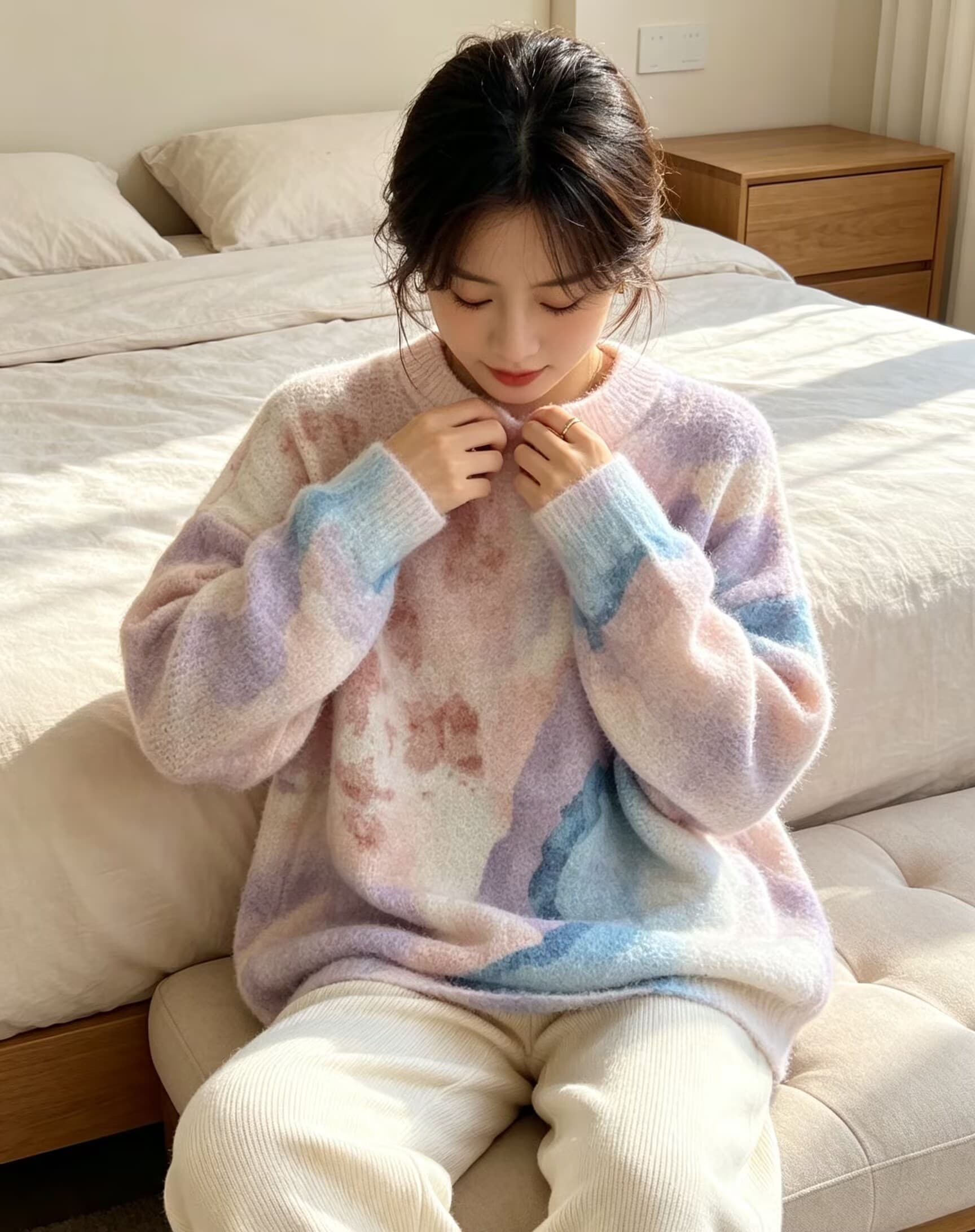 부드러운 찹쌀 그라데이션 프린트 모헤어 풀오버 수 있습니다. 소금 수 있습니다. 달콤한 루즈핏 캐주얼 니트 스웨터 스웨터 상세 이미지 2
