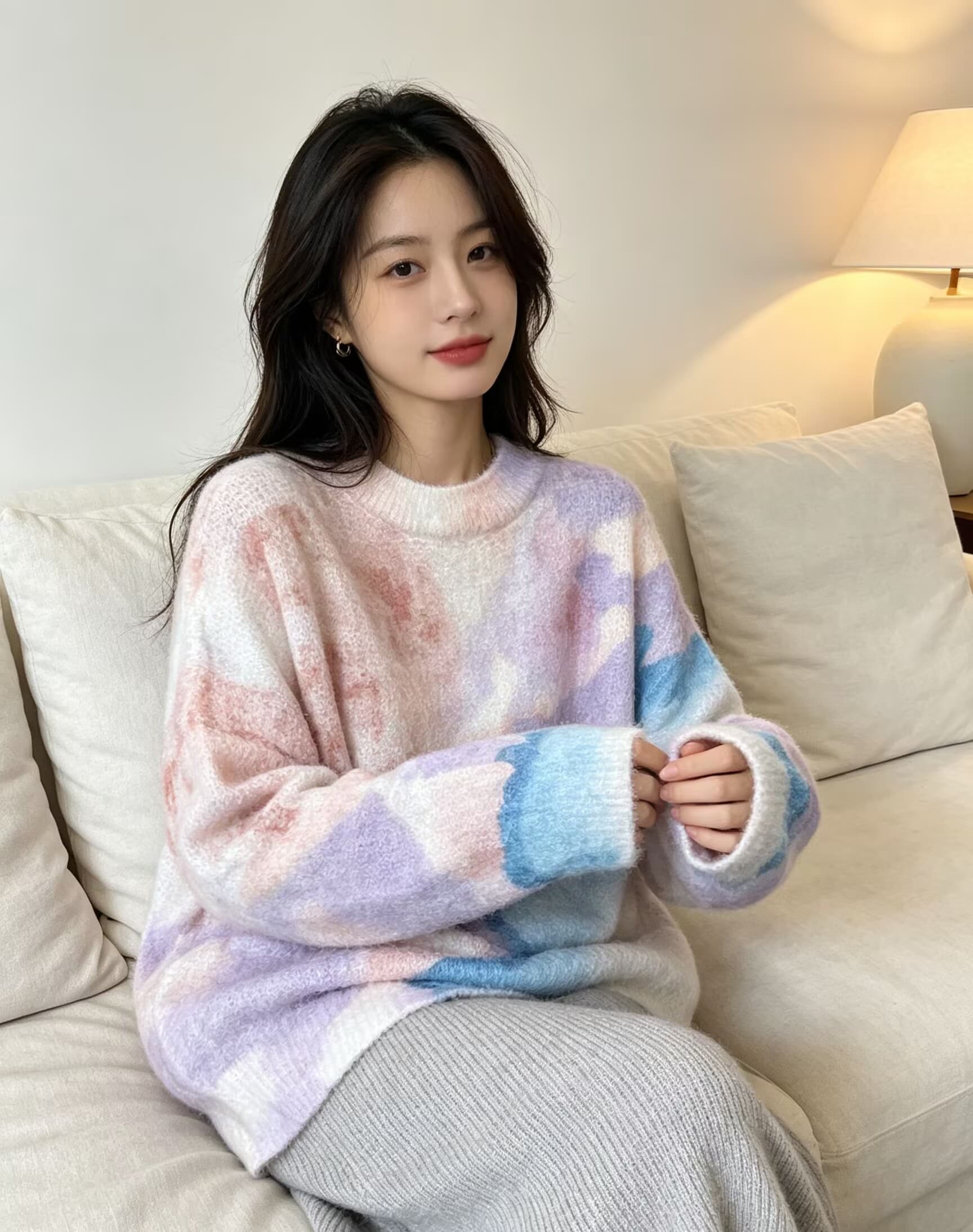 부드러운 찹쌀 그라데이션 프린트 모헤어 풀오버 수 있습니다. 소금 수 있습니다. 달콤한 루즈핏 캐주얼 니트 스웨터 스웨터 상세 이미지 4