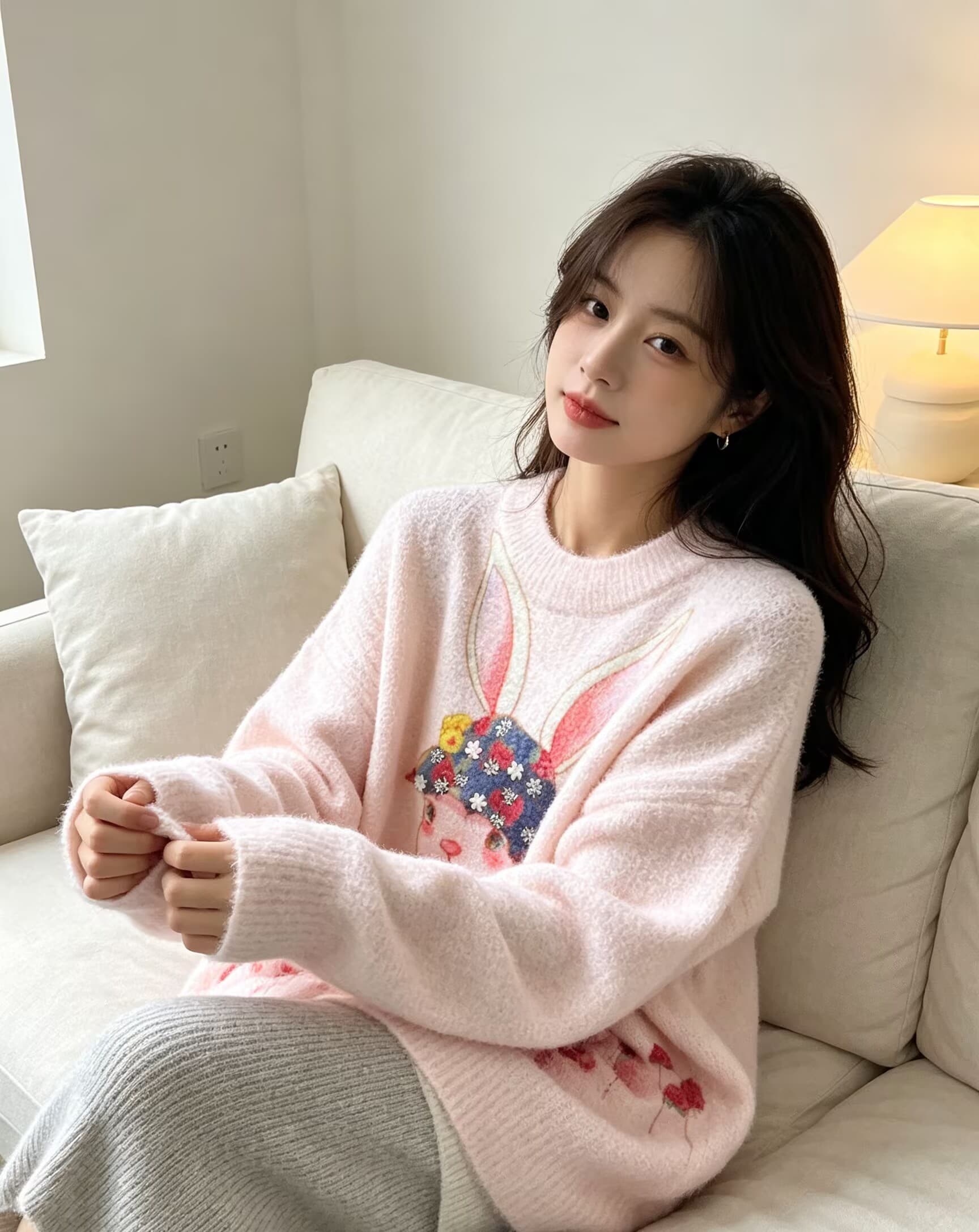 부드러운 찹쌀 그라데이션 토끼 프린트 다이아몬드 세팅 프린트 모헤어 풀오버 수 있습니다. 소금 수 있습니다. 달콤한 루즈핏 캐주얼 니트 스웨터 스웨터 이미지 4