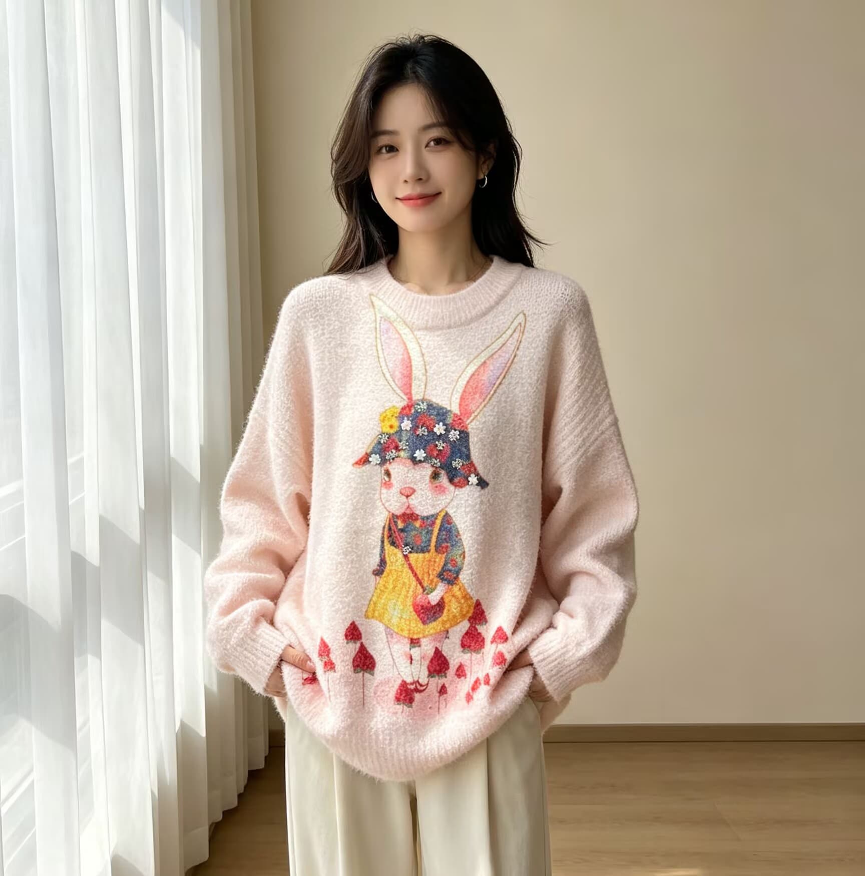 부드러운 찹쌀 그라데이션 토끼 프린트 다이아몬드 세팅 프린트 모헤어 풀오버 수 있습니다. 소금 수 있습니다. 달콤한 루즈핏 캐주얼 니트 스웨터 스웨터 상세 이미지 8