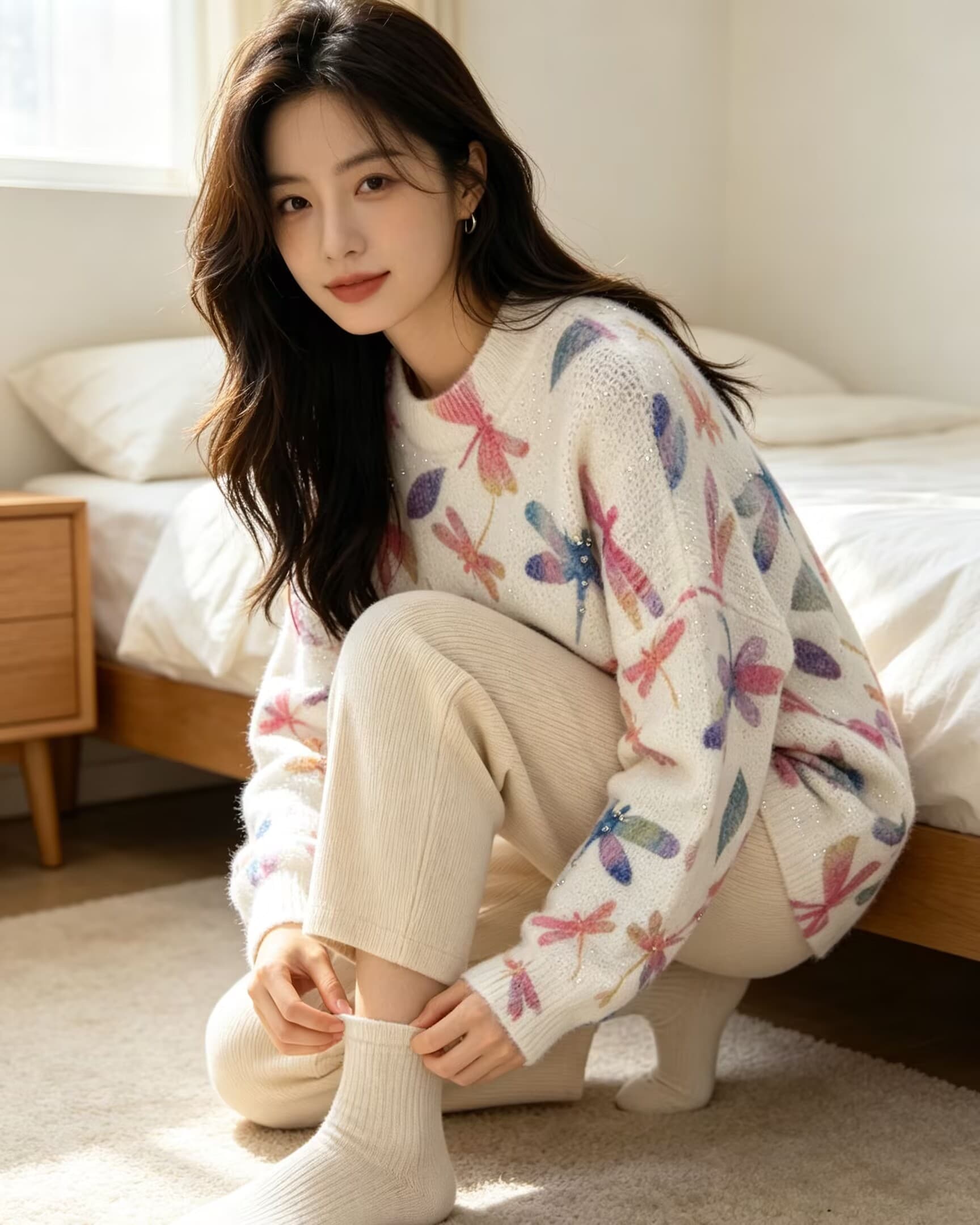 부드러운 찹쌀 蜻 프린트 모헤어 풀오버 수 있습니다. 소금 수 있습니다. 달콤한 루즈핏 캐주얼 니트 스웨터 스웨터