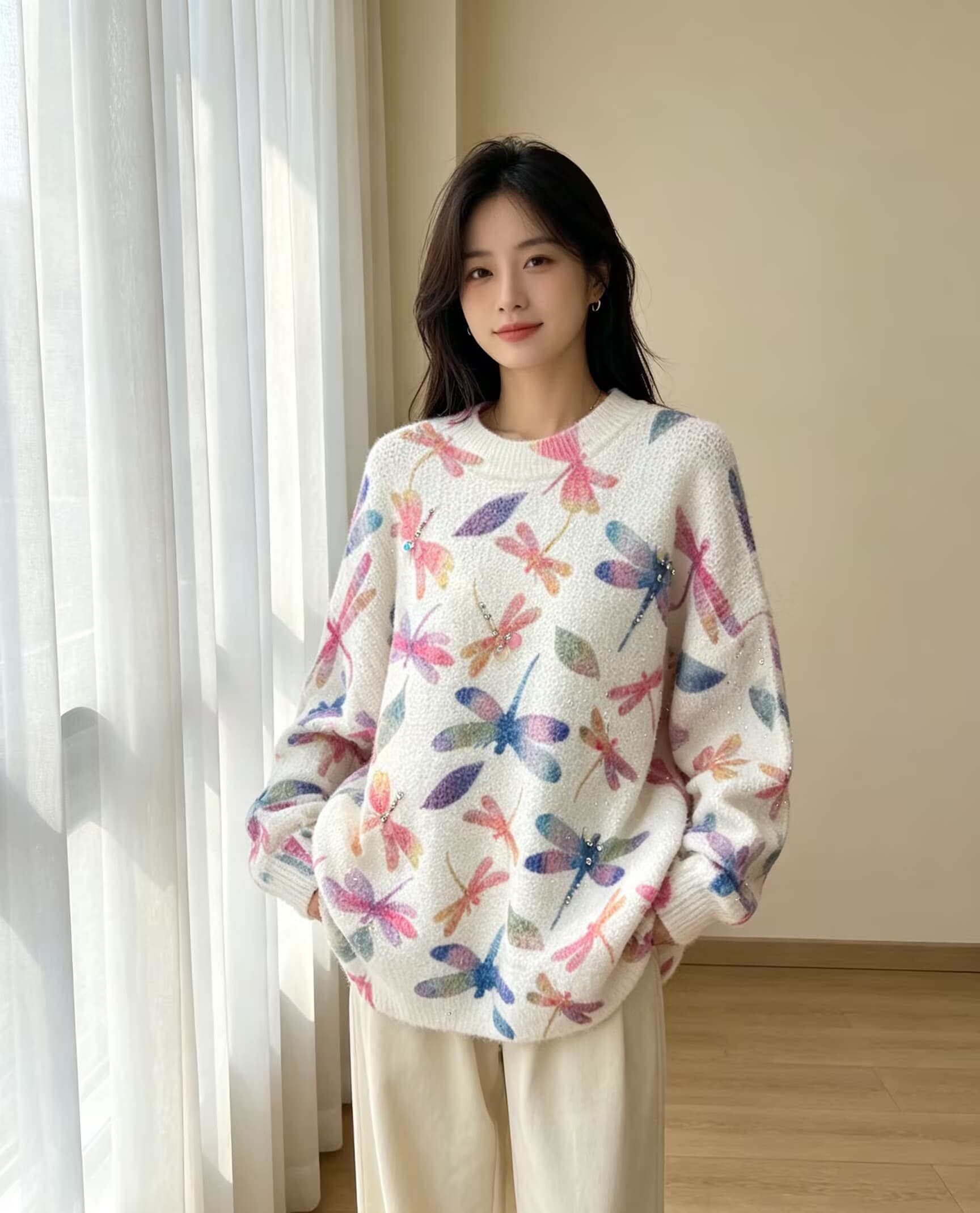 부드러운 찹쌀 蜻 프린트 모헤어 풀오버 수 있습니다. 소금 수 있습니다. 달콤한 루즈핏 캐주얼 니트 스웨터 스웨터 상세 이미지 3