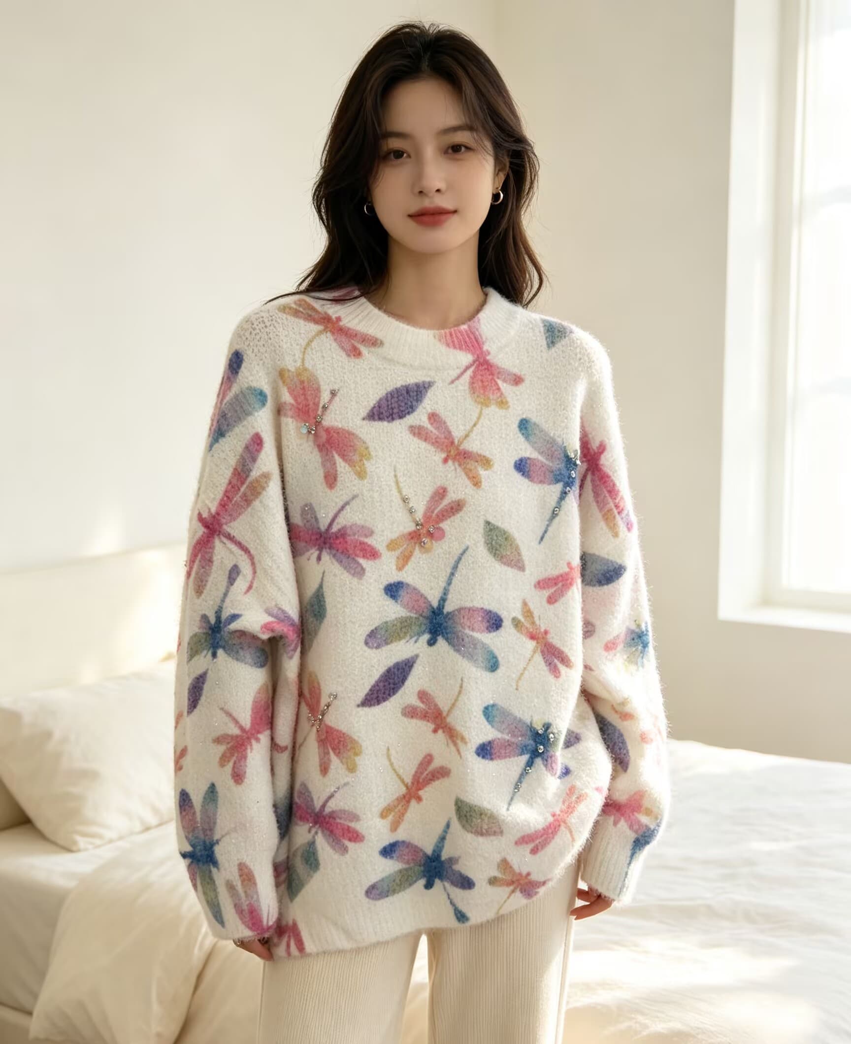 부드러운 찹쌀 蜻 프린트 모헤어 풀오버 수 있습니다. 소금 수 있습니다. 달콤한 루즈핏 캐주얼 니트 스웨터 스웨터 상세 이미지 5
