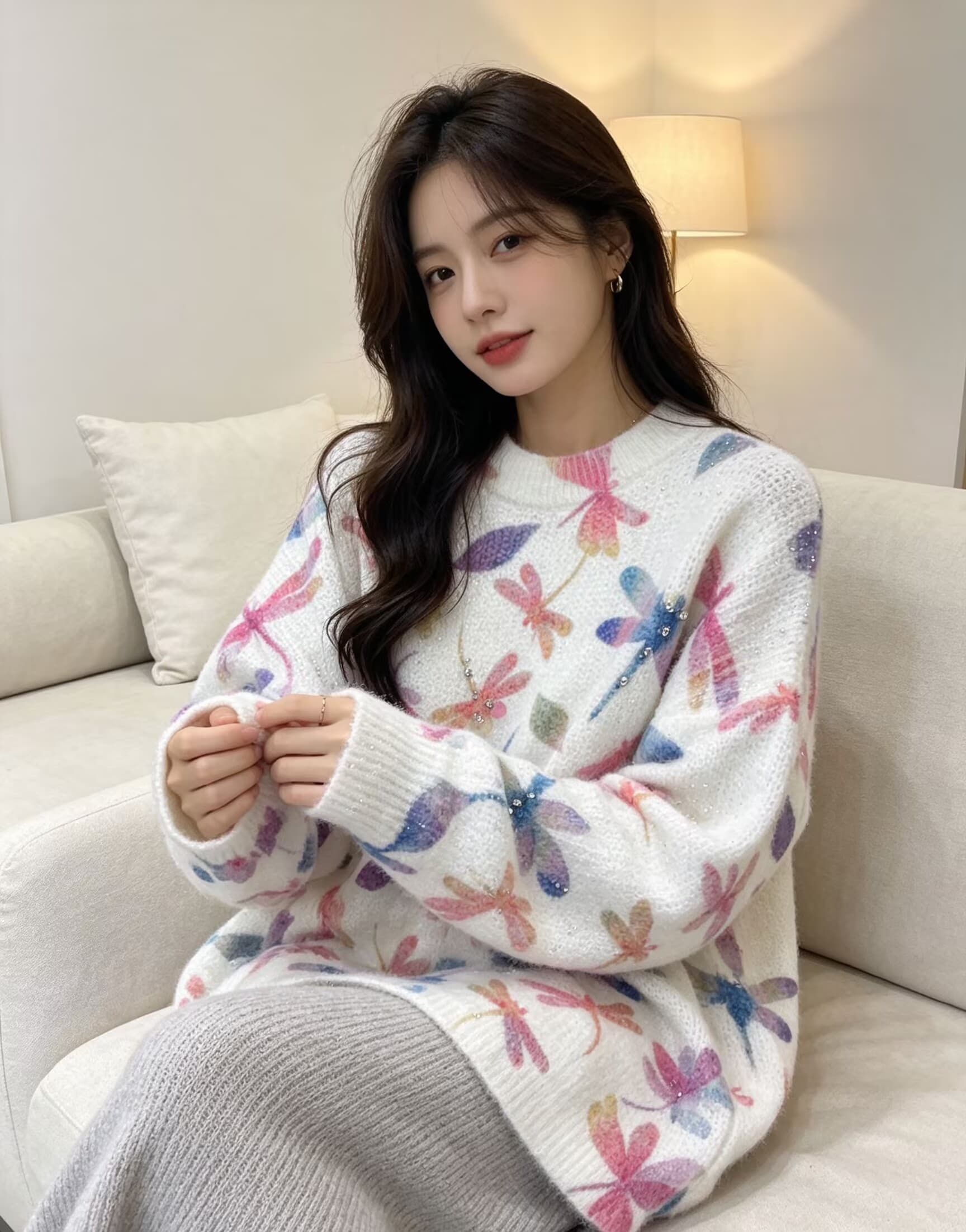 부드러운 찹쌀 蜻 프린트 모헤어 풀오버 수 있습니다. 소금 수 있습니다. 달콤한 루즈핏 캐주얼 니트 스웨터 스웨터 상세 이미지 9