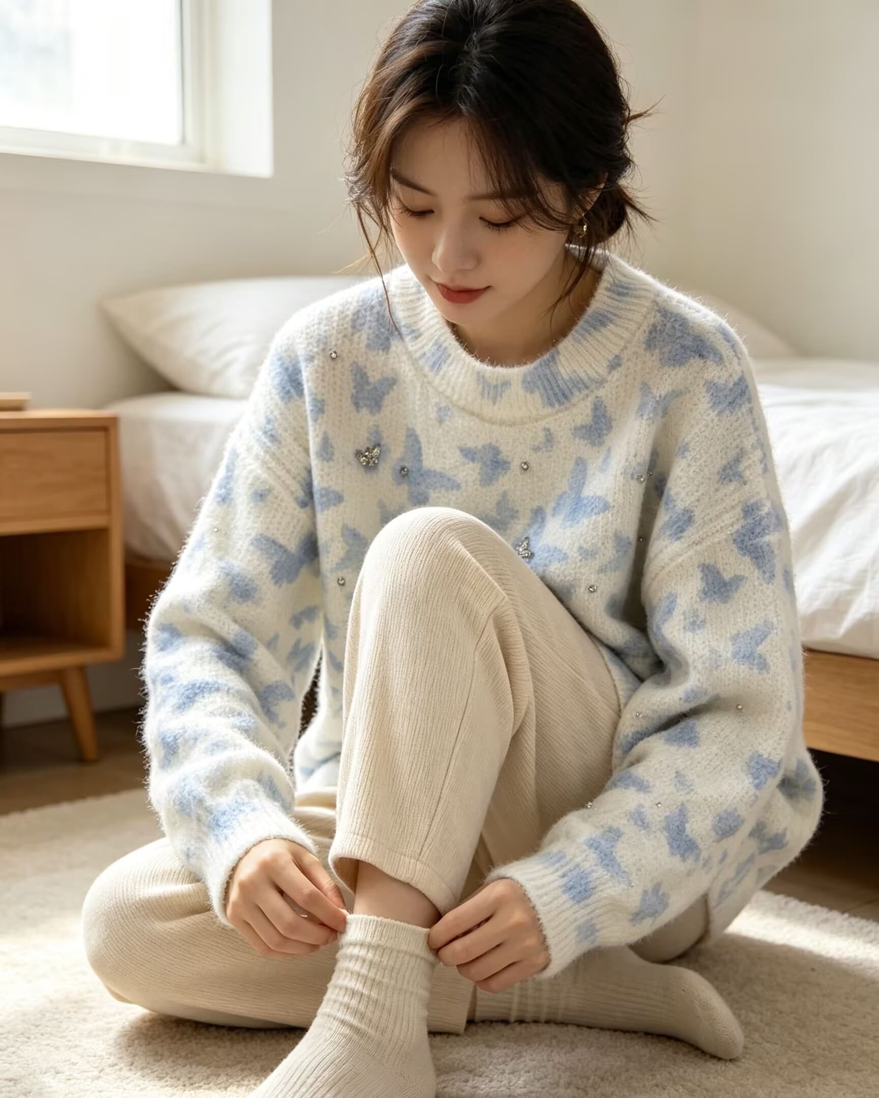 부드러운 찹쌀 나비 다이아몬드 세팅 프린트 모헤어 풀오버 수 있습니다. 소금 수 있습니다. 달콤한 루즈핏 캐주얼 니트 스웨터 스웨터 상세 이미지 1