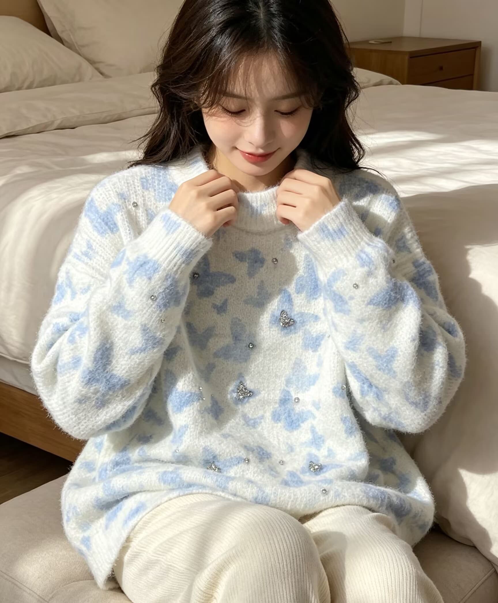 부드러운 찹쌀 나비 다이아몬드 세팅 프린트 모헤어 풀오버 수 있습니다. 소금 수 있습니다. 달콤한 루즈핏 캐주얼 니트 스웨터 스웨터 상세 이미지 2