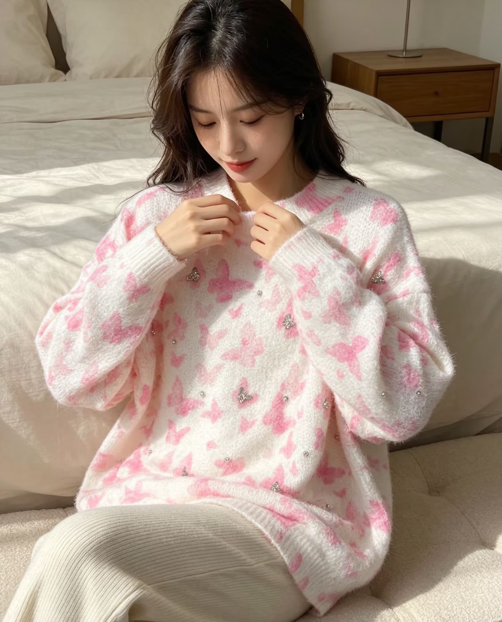 부드러운 찹쌀 나비 다이아몬드 세팅 프린트 모헤어 풀오버 수 있습니다. 소금 수 있습니다. 달콤한 루즈핏 캐주얼 니트 스웨터 스웨터 상세 이미지 7