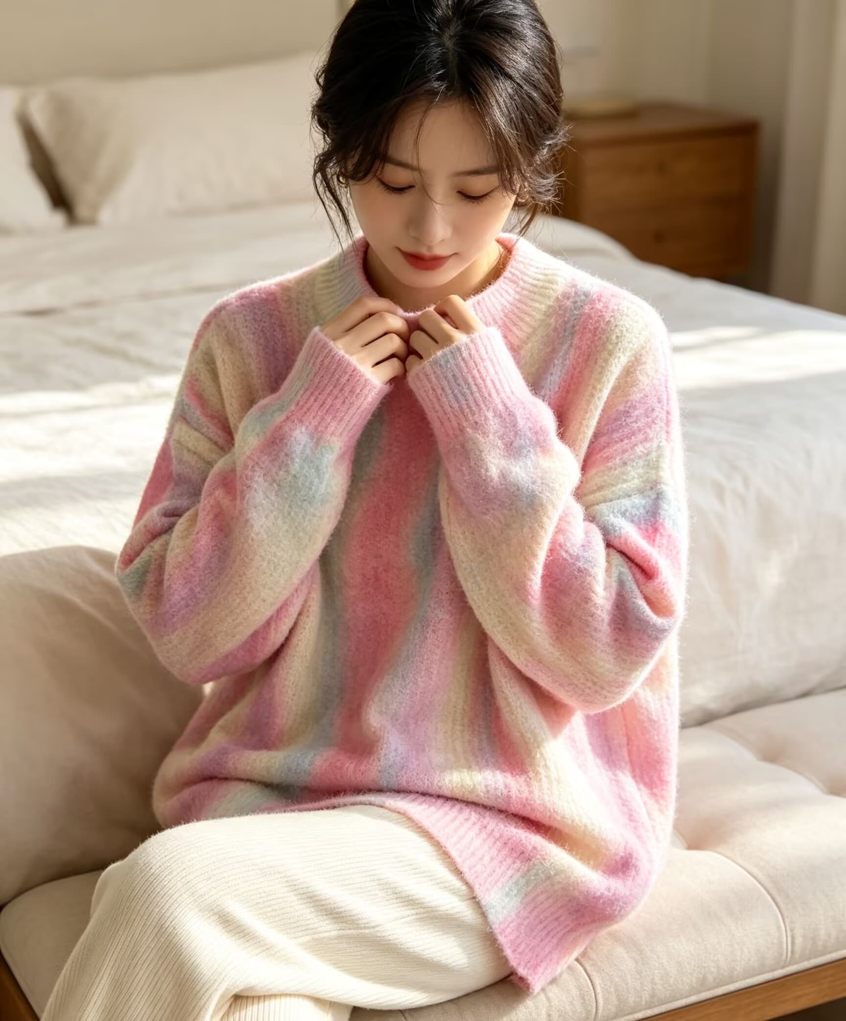 부드러운 찹쌀 그라데이션 무지개 프린트 모헤어 풀오버 수 있습니다. 소금 수 있습니다. 달콤한 루즈핏 캐주얼 니트 스웨터 스웨터 상세 이미지 7