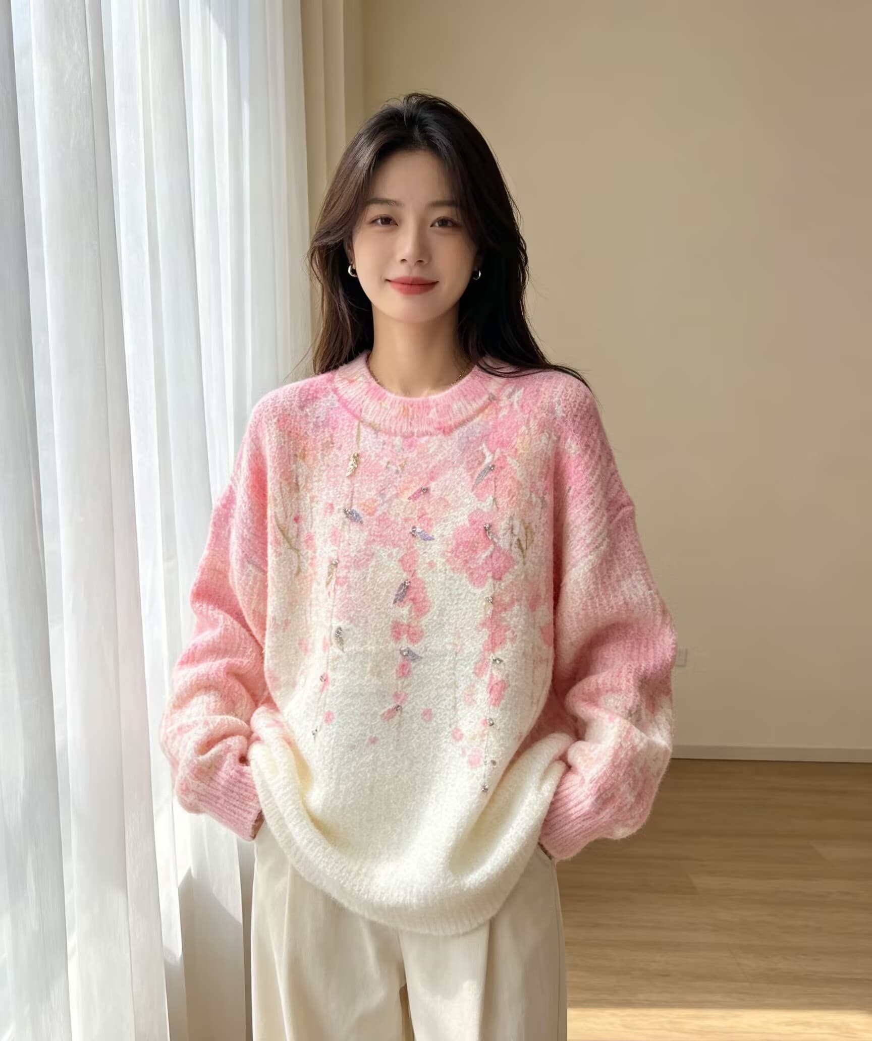 부드러운 찹쌀 그라데이션 프린트 다이아몬드 세팅 모헤어 풀오버 수 있습니다. 소금 수 있습니다. 달콤한 루즈핏 캐주얼 니트 스웨터 스웨터 상세 이미지 3