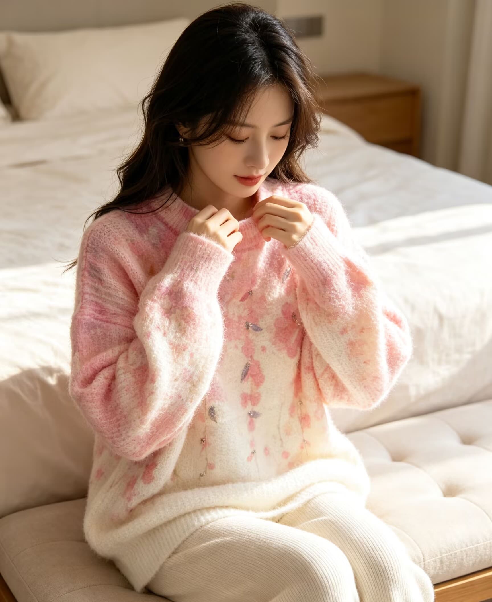 부드러운 찹쌀 그라데이션 프린트 다이아몬드 세팅 모헤어 풀오버 수 있습니다. 소금 수 있습니다. 달콤한 루즈핏 캐주얼 니트 스웨터 스웨터 상세 이미지 7