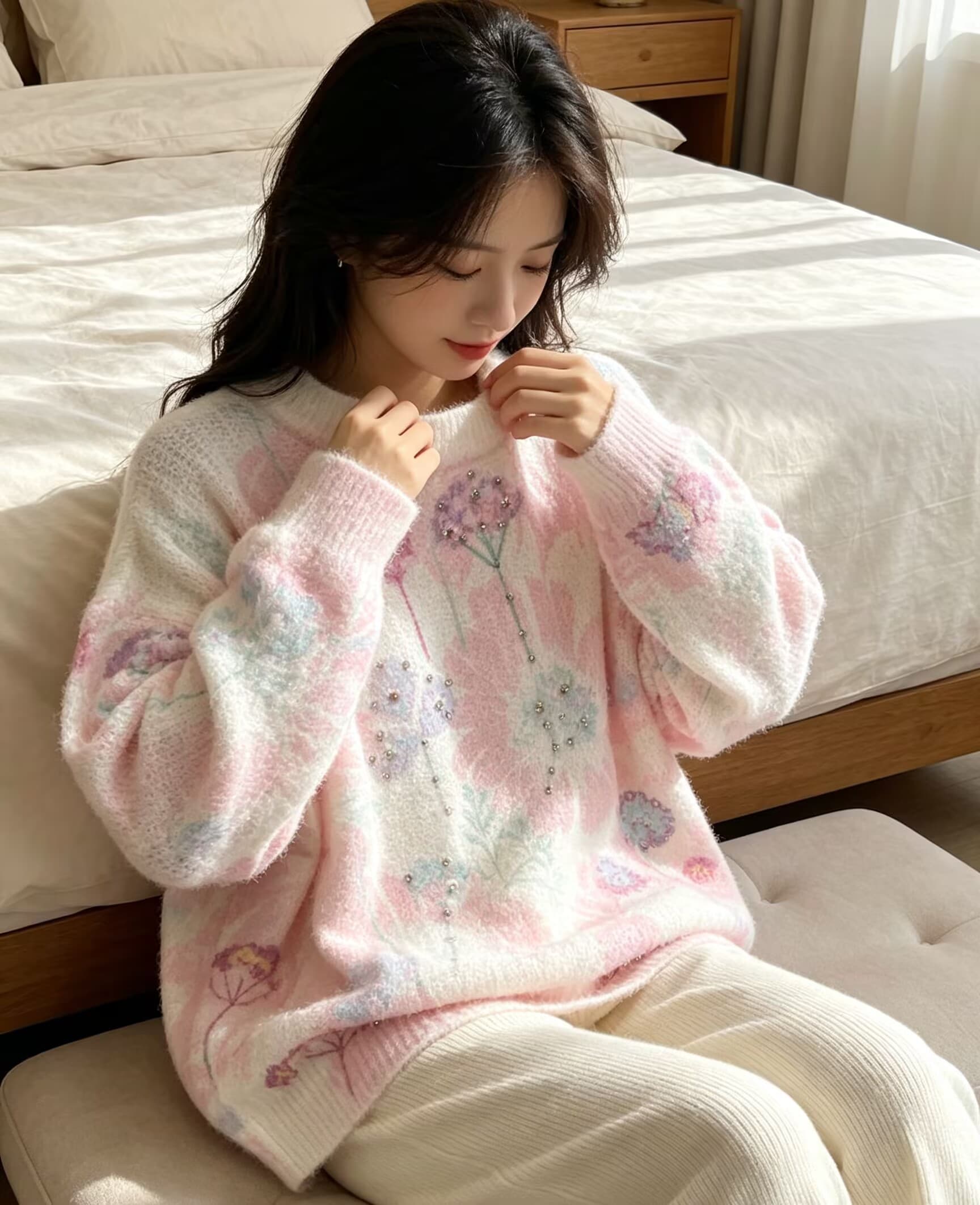 부드러운 찹쌀 그라데이션 프린트 모헤어 다이아몬드 세팅 풀오버 수 있습니다. 소금 수 있습니다. 달콤한 루즈핏 캐주얼 니트 스웨터 스웨터 상세 이미지 2