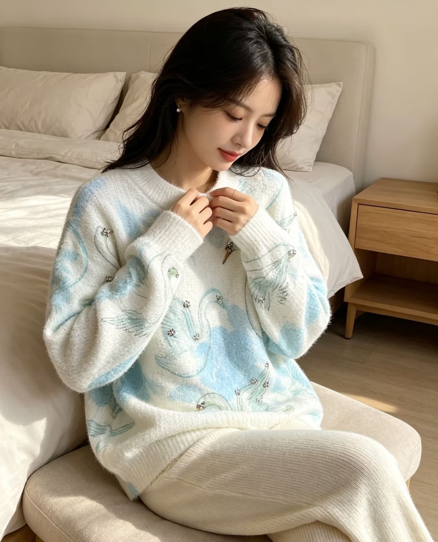 부드러운 찹쌀 그라데이션 프린트 모헤어 풀오버 수 있습니다. 소금 수 있습니다. 달콤한 루즈핏 캐주얼 니트 스웨터 스웨터 상세 이미지 2