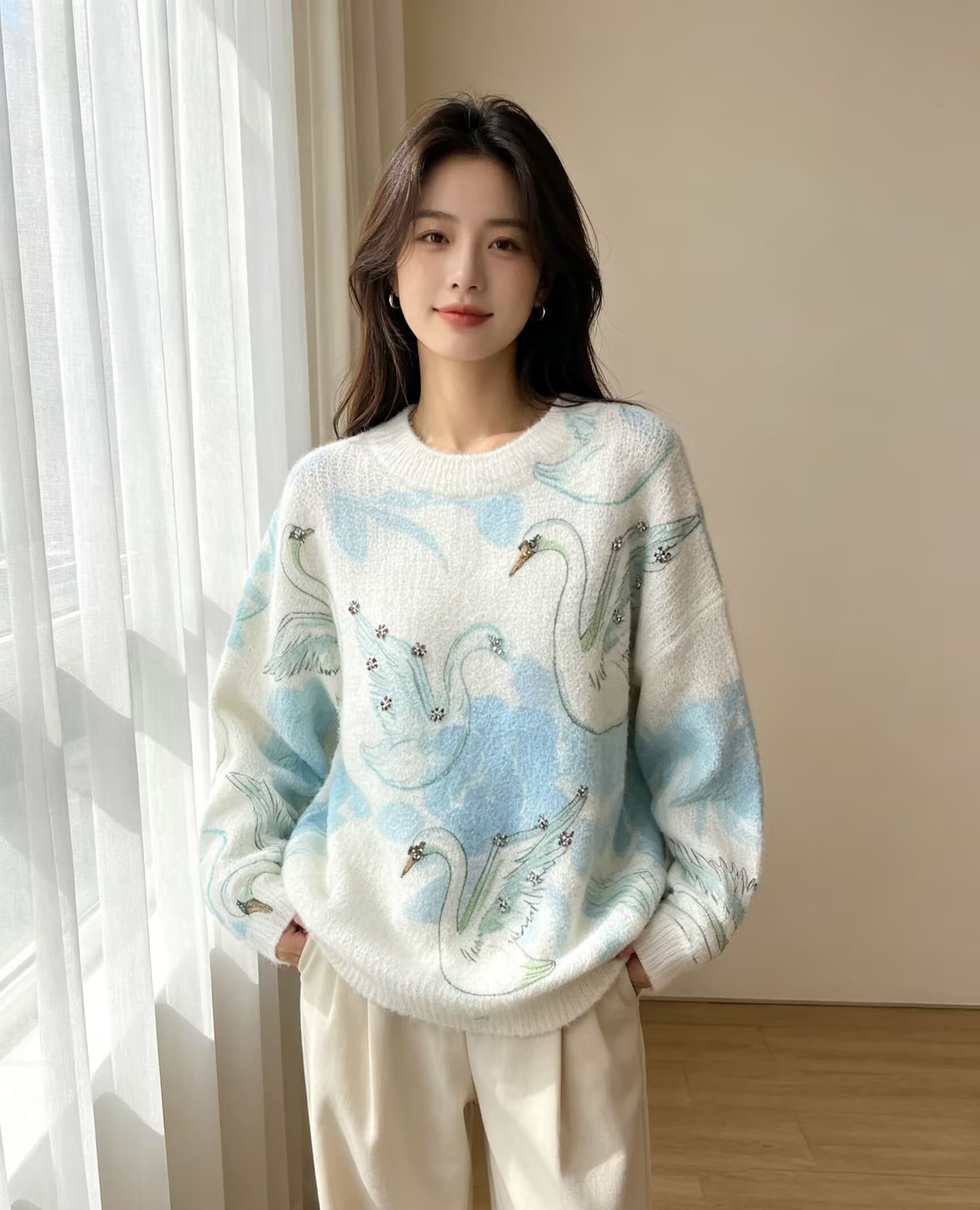 부드러운 찹쌀 그라데이션 프린트 모헤어 풀오버 수 있습니다. 소금 수 있습니다. 달콤한 루즈핏 캐주얼 니트 스웨터 스웨터 상세 이미지 8