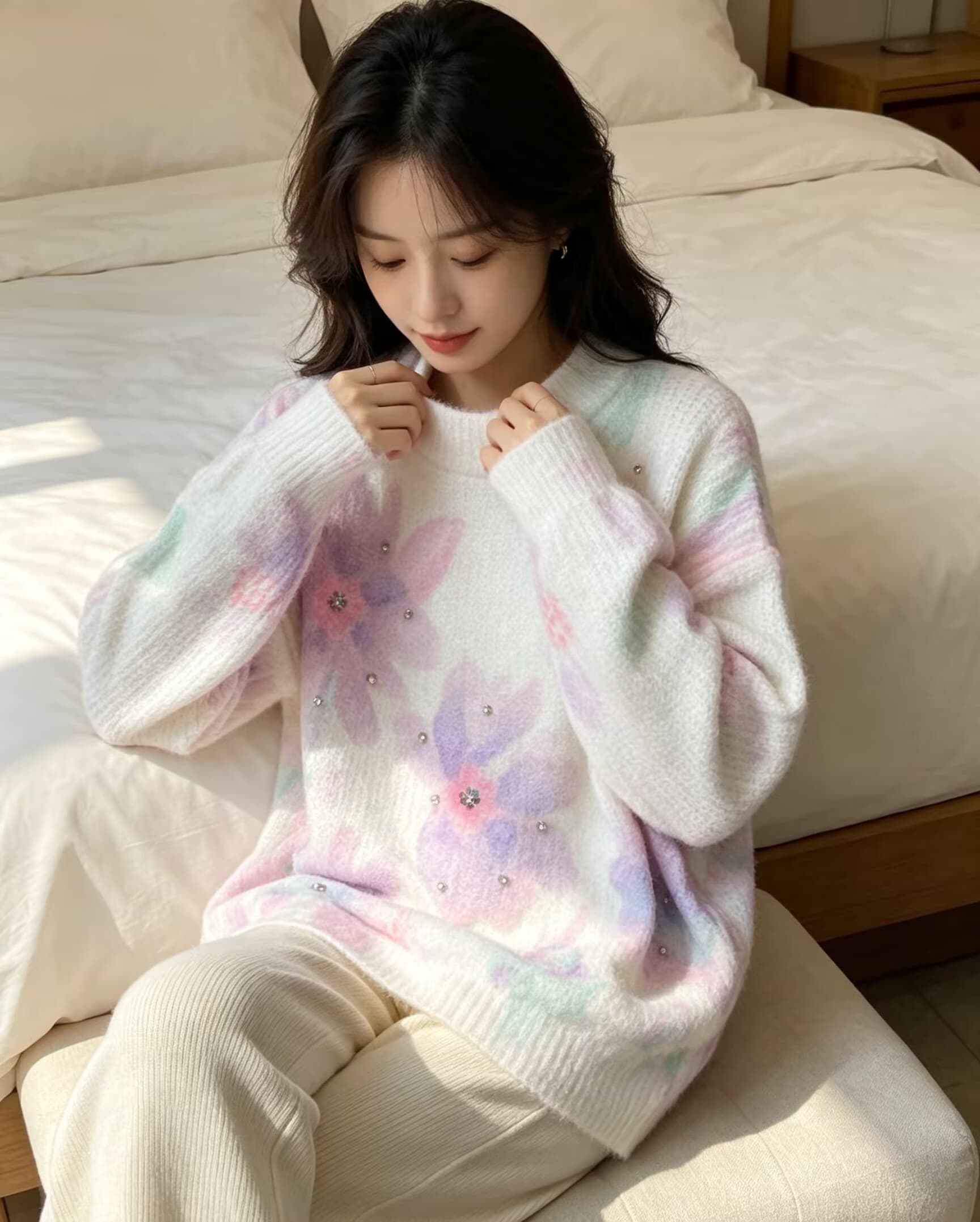 부드러운 찹쌀 그라데이션 프린트 모헤어 다이아몬드 세팅 풀오버 수 있습니다. 소금 수 있습니다. 달콤한 루즈핏 캐주얼 니트 스웨터 스웨터 이미지 3