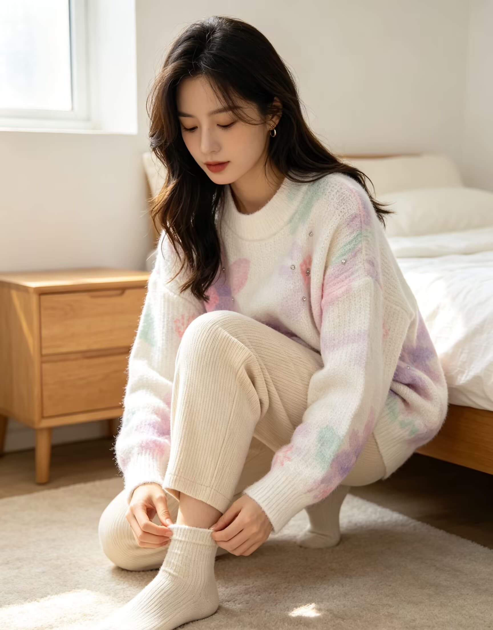 부드러운 찹쌀 그라데이션 프린트 모헤어 다이아몬드 세팅 풀오버 수 있습니다. 소금 수 있습니다. 달콤한 루즈핏 캐주얼 니트 스웨터 스웨터 상세 이미지 6