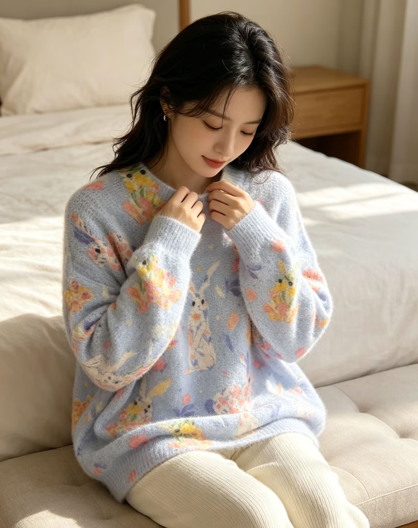 부드러운 찹쌀 그라데이션 프린트 모헤어 풀오버 수 있습니다. 소금 수 있습니다. 달콤한 루즈핏 캐주얼 니트 스웨터 스웨터 상세 이미지 6