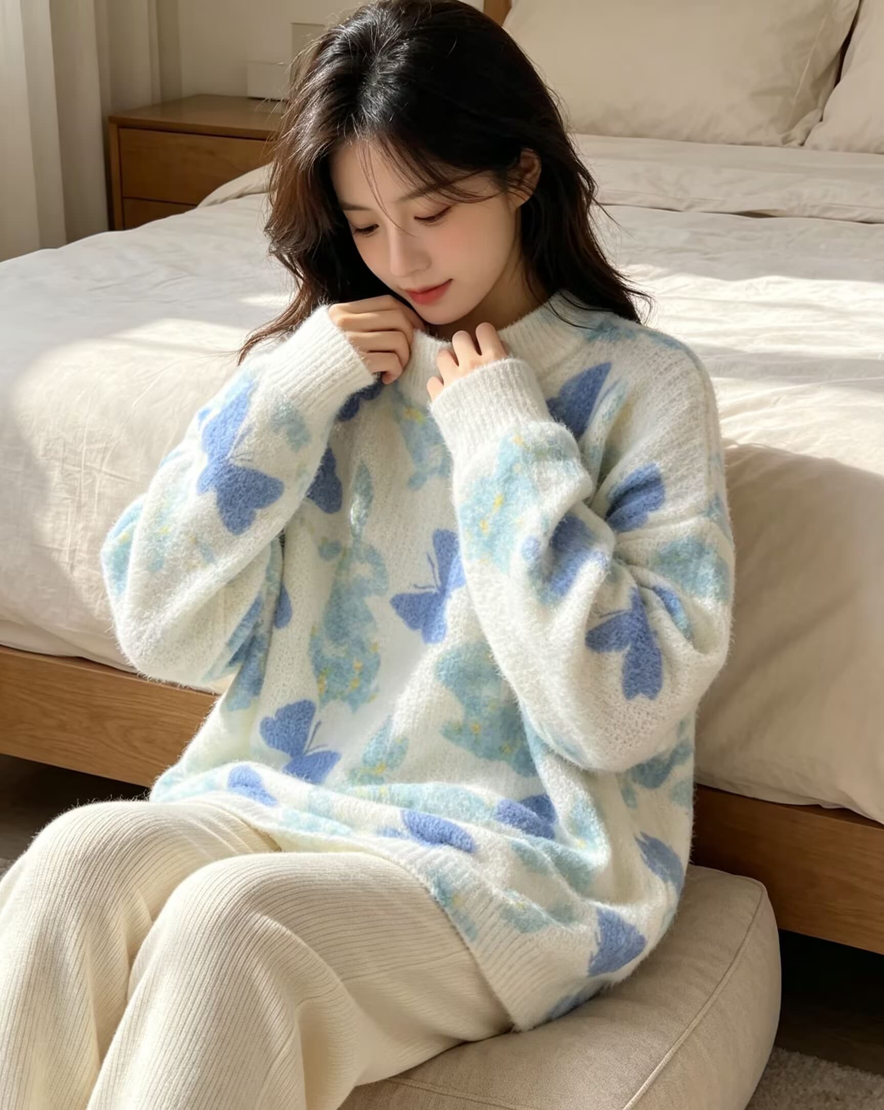 부드러운 찹쌀 그라데이션 프린트 모헤어 풀오버 수 있습니다. 소금 수 있습니다. 달콤한 루즈핏 캐주얼 니트 스웨터 스웨터 이미지 3