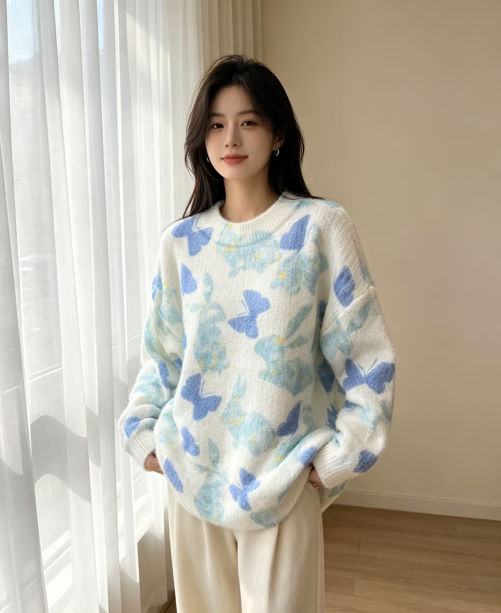 부드러운 찹쌀 그라데이션 프린트 모헤어 풀오버 수 있습니다. 소금 수 있습니다. 달콤한 루즈핏 캐주얼 니트 스웨터 스웨터 상세 이미지 3