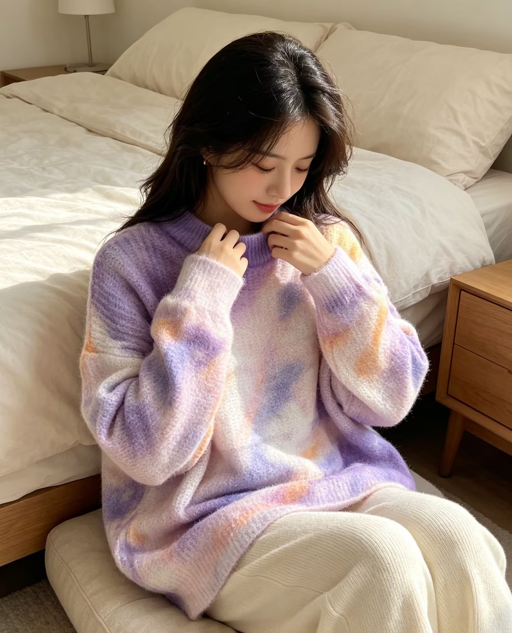 부드러운 찹쌀 그라데이션 프린트 모헤어 풀오버 수 있습니다. 소금 수 있습니다. 달콤한 루즈핏 캐주얼 니트 스웨터 스웨터 이미지 3